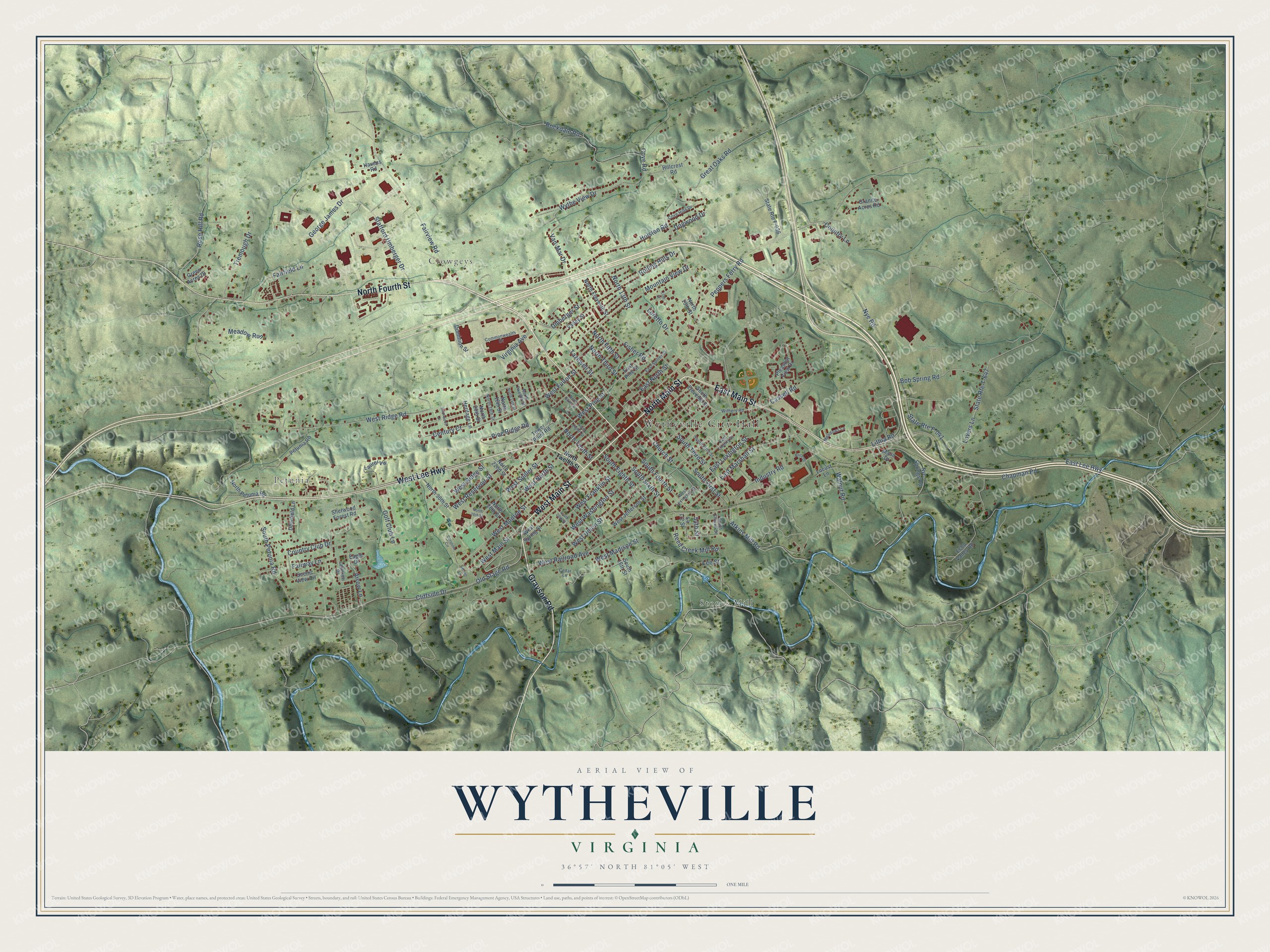 Full map of Wytheville, Virginia, with red buildings, printed street names and the land around them
