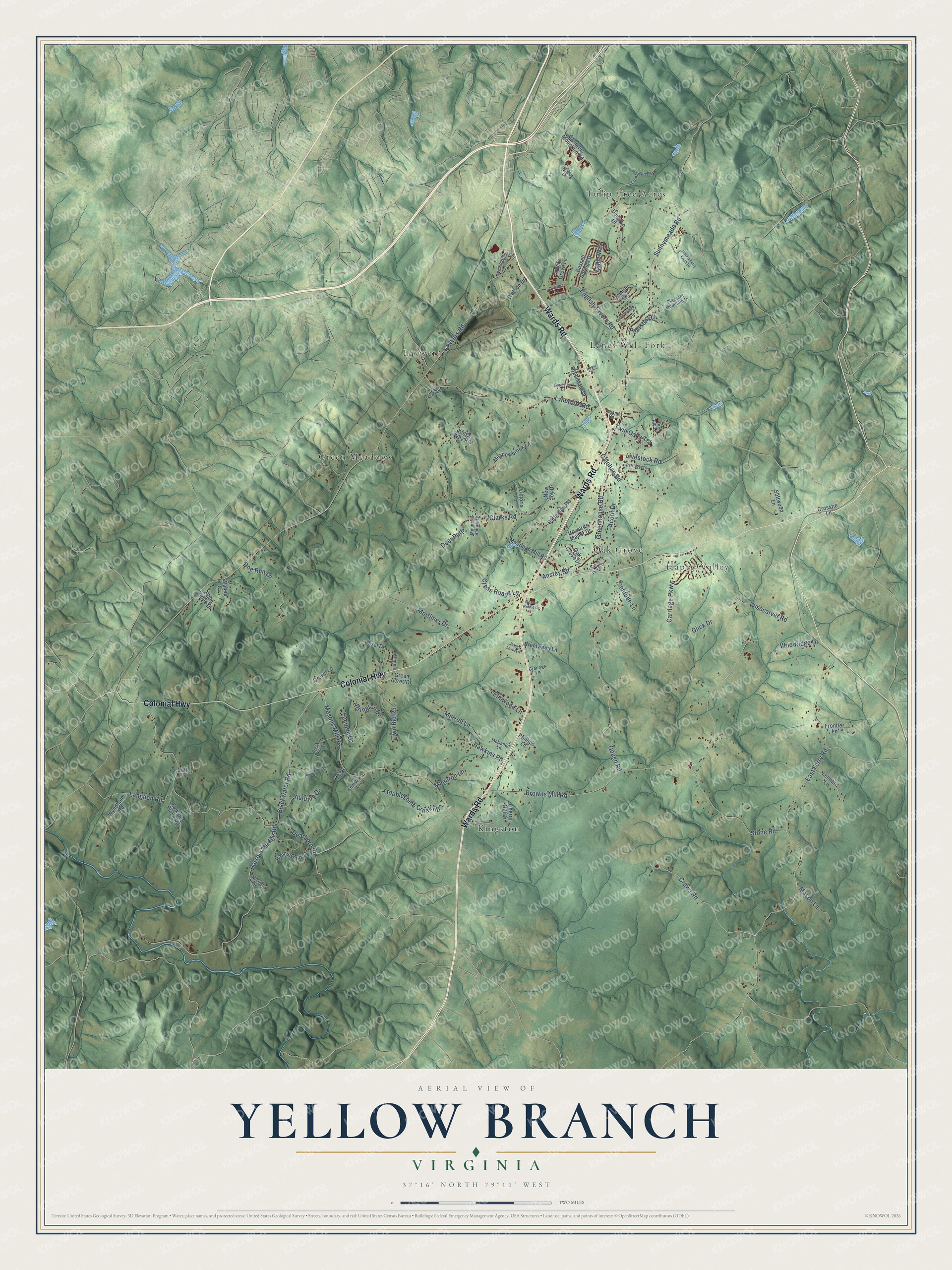 Full map of Yellow Branch, Virginia, with red buildings, printed street names and the land around them