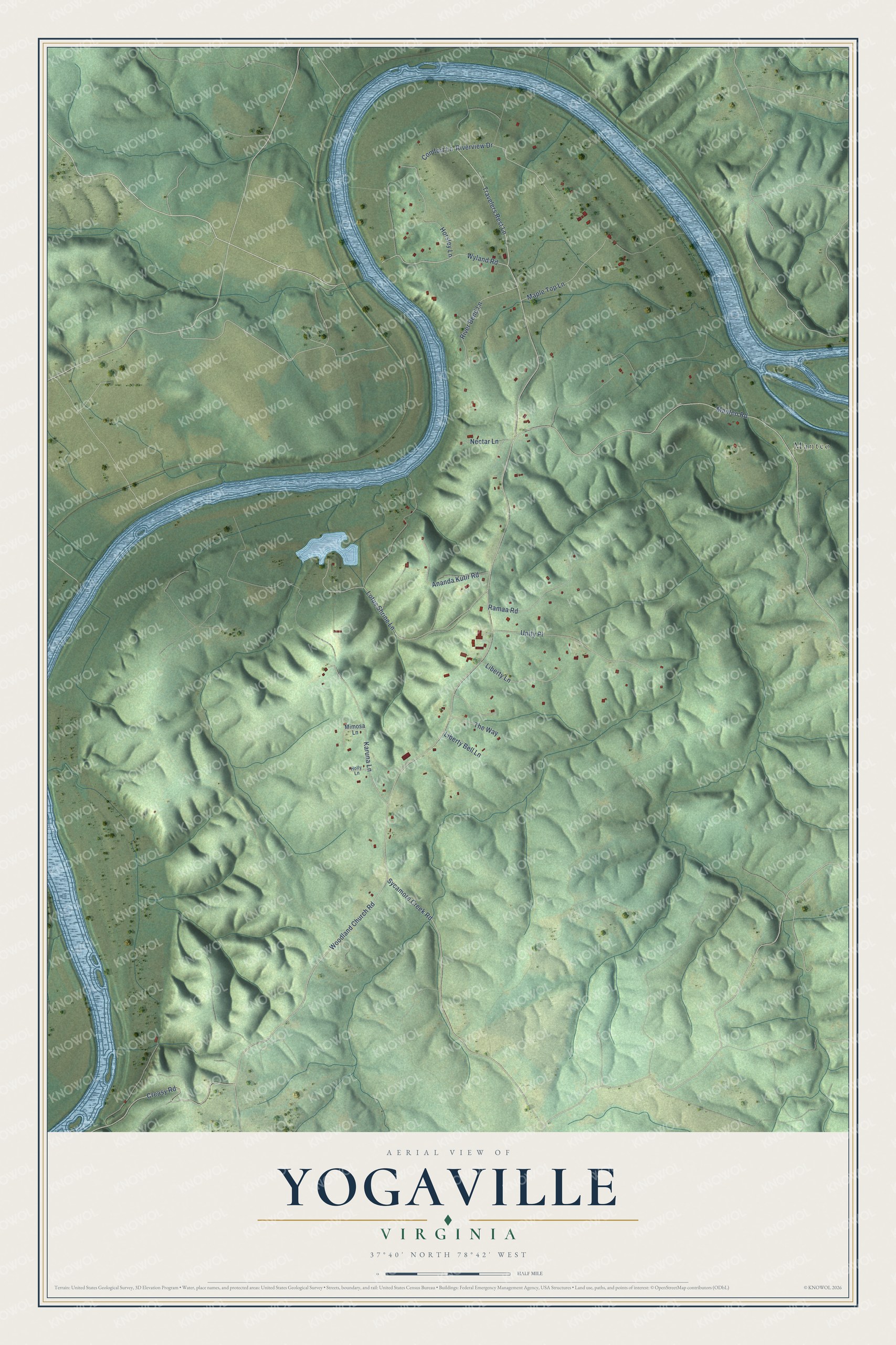 Full map of Yogaville, Virginia, with red buildings, printed street names and the land around them
