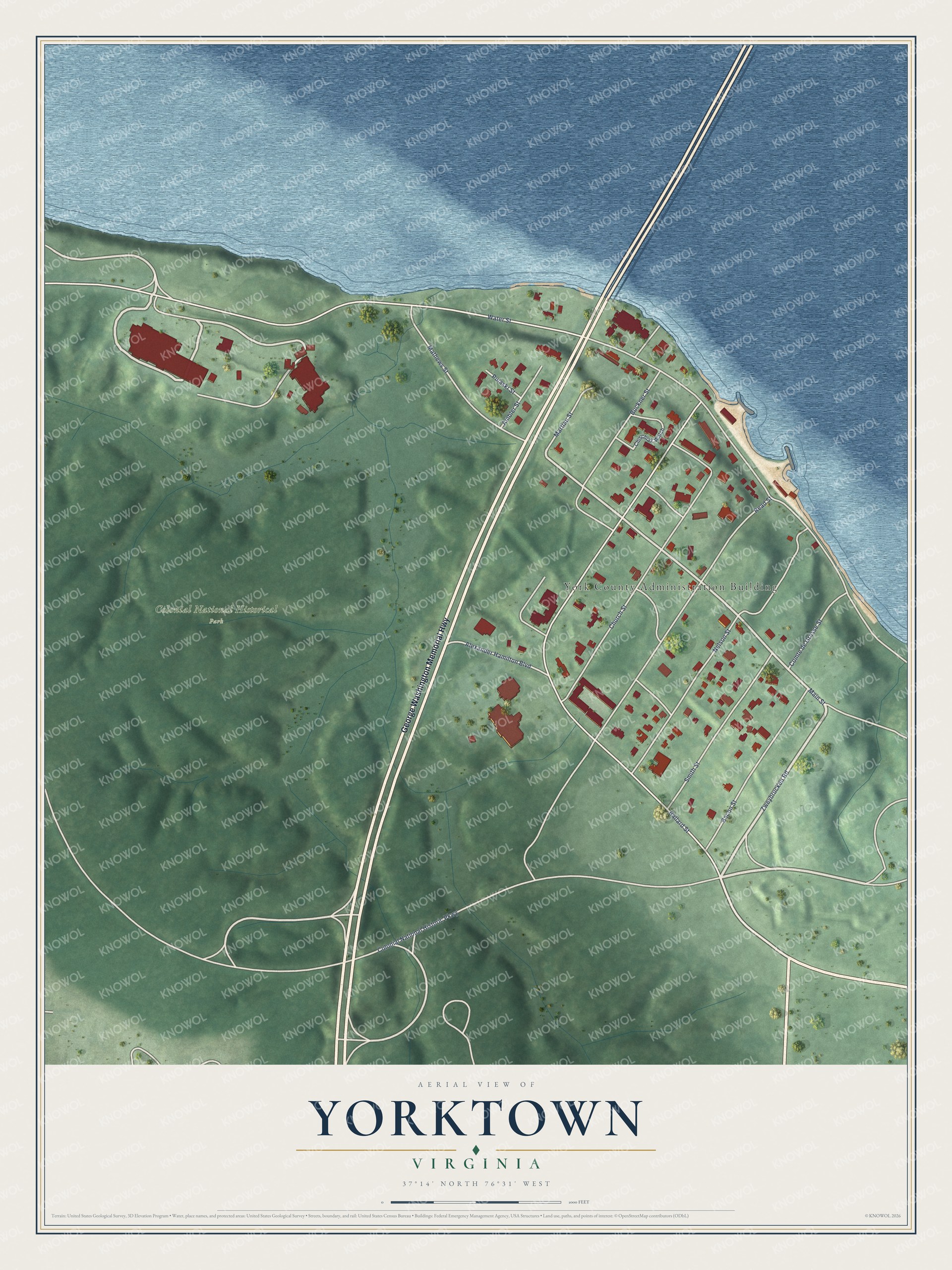 Full map of Yorktown, Virginia, with red buildings, printed street names and the land around them