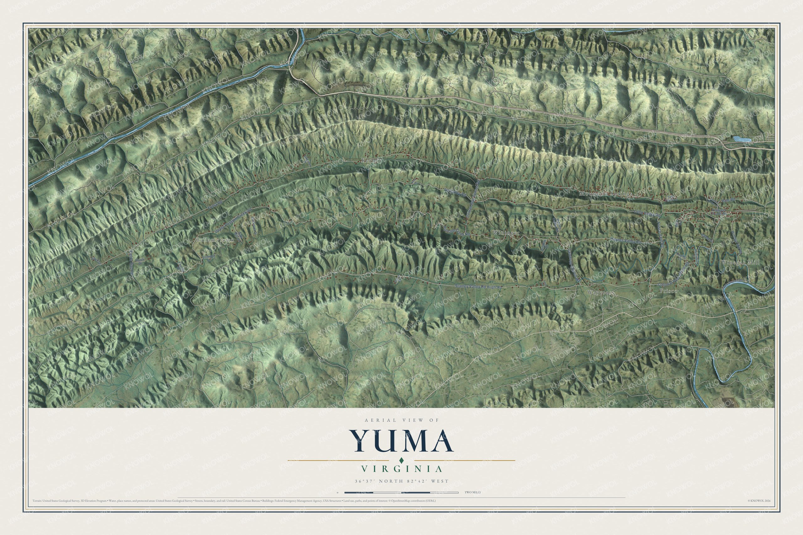 Full map of Yuma, Virginia, with red buildings, printed street names and the land around them