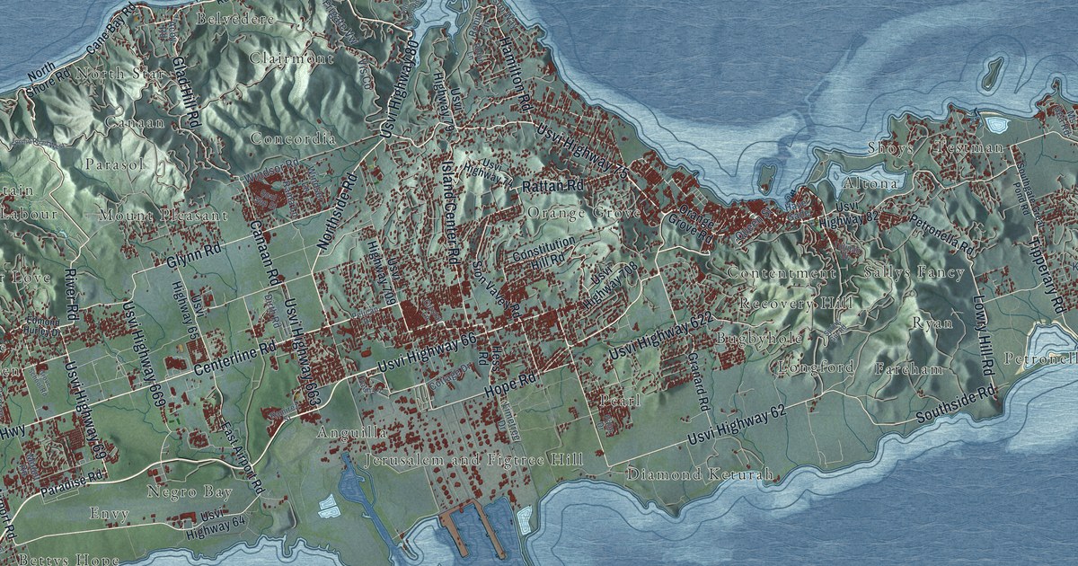 Close view of the most built-up part of St. Croix, U.S. Virgin Islands, with rows of red buildings along its streets