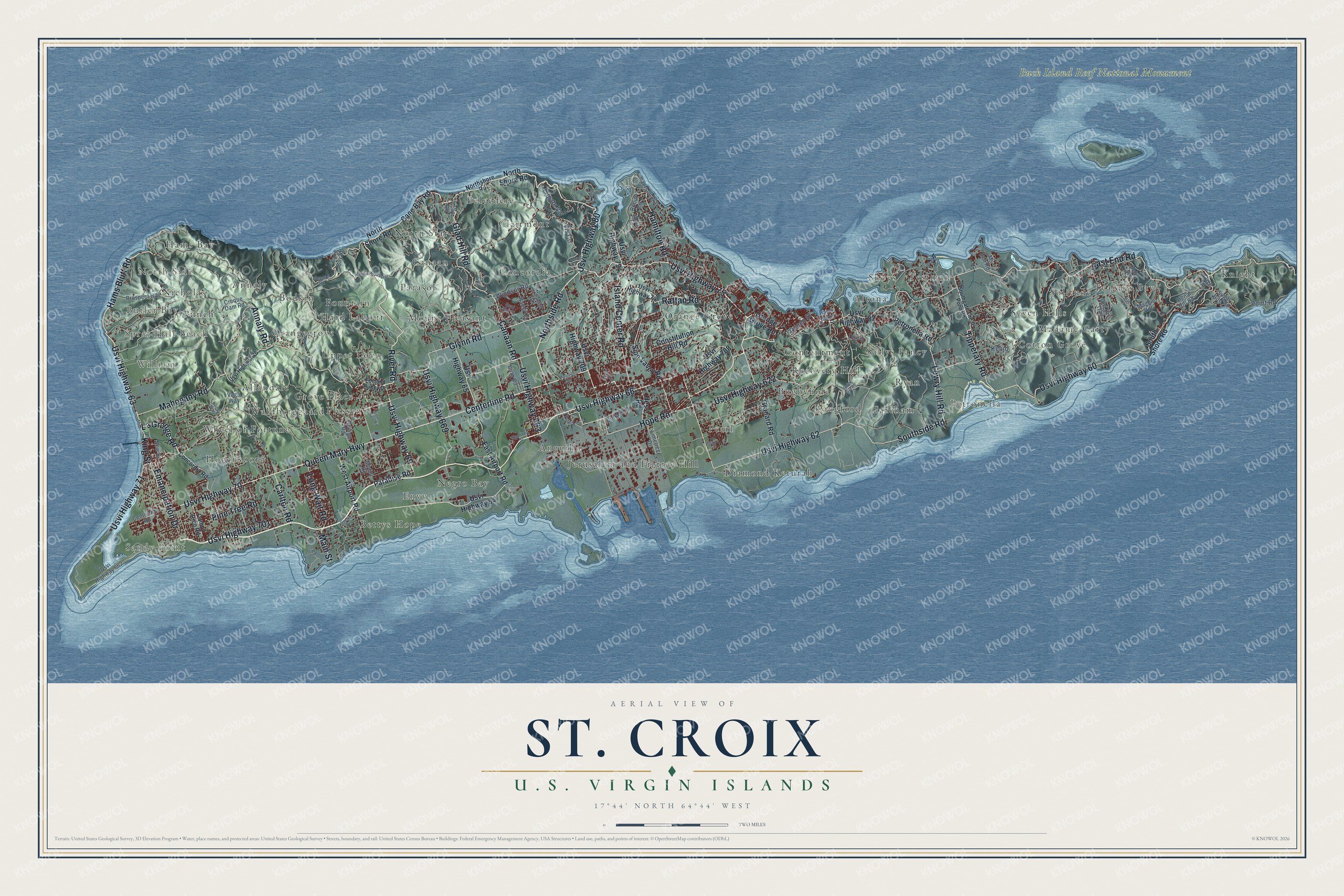 Full map of St. Croix, U.S. Virgin Islands, with red buildings, printed street names and the land around them
