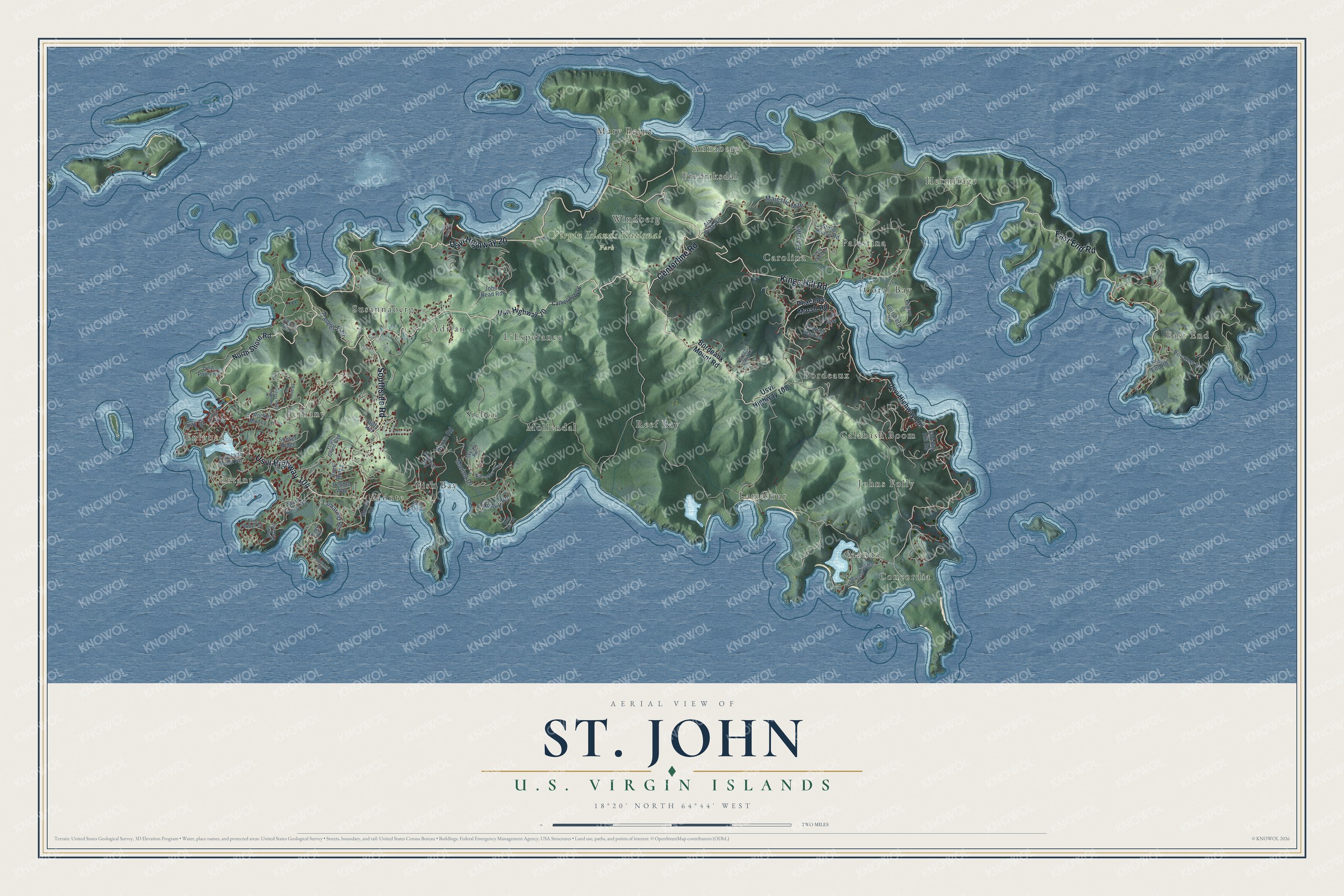 Full map of St. John, U.S. Virgin Islands, with red buildings, printed street names and the land around them