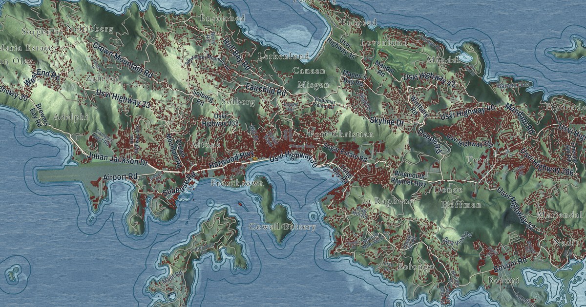 Close view of the most built-up part of St. Thomas, U.S. Virgin Islands, with rows of red buildings along its streets