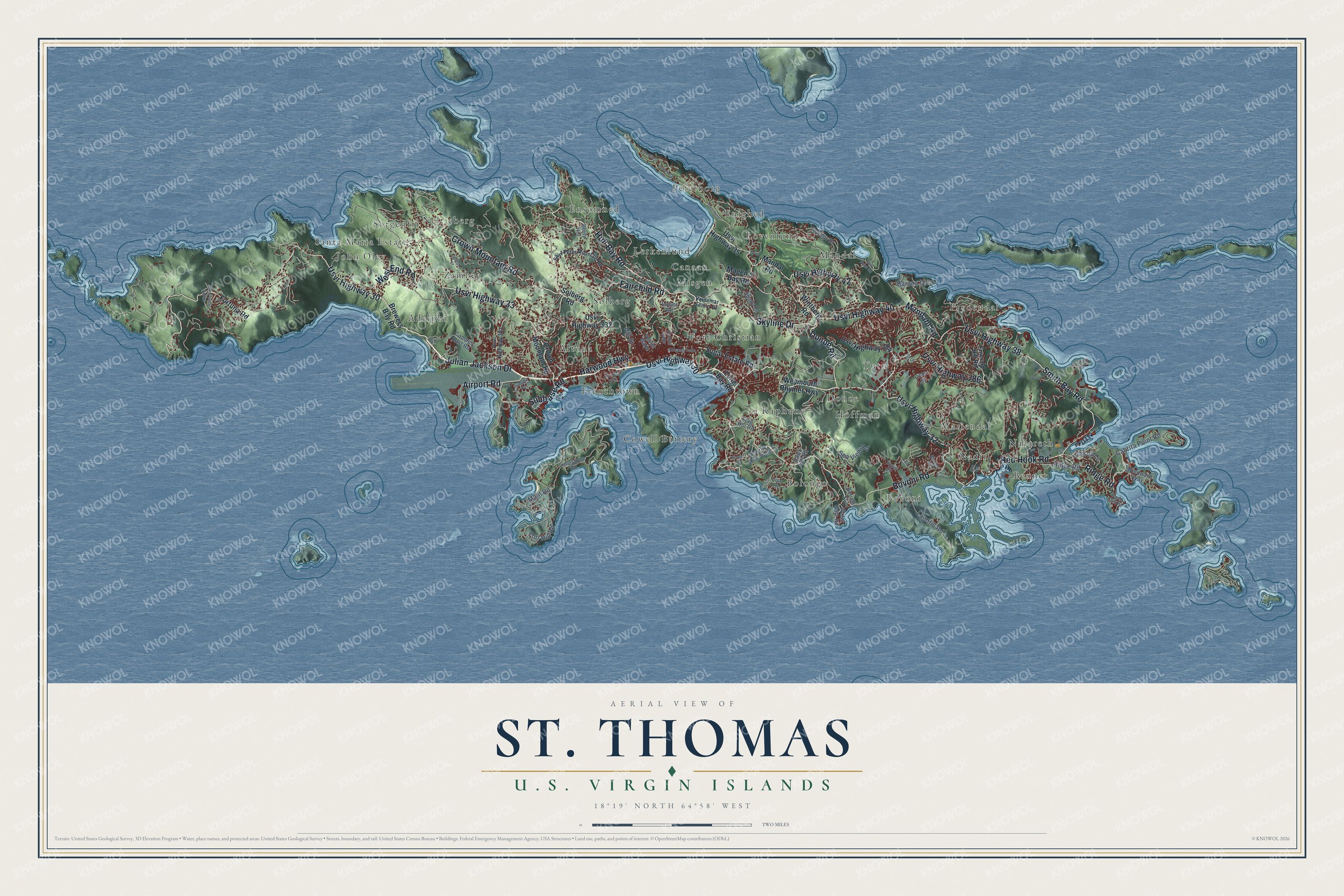 Full map of St. Thomas, U.S. Virgin Islands, with red buildings, printed street names and the land around them