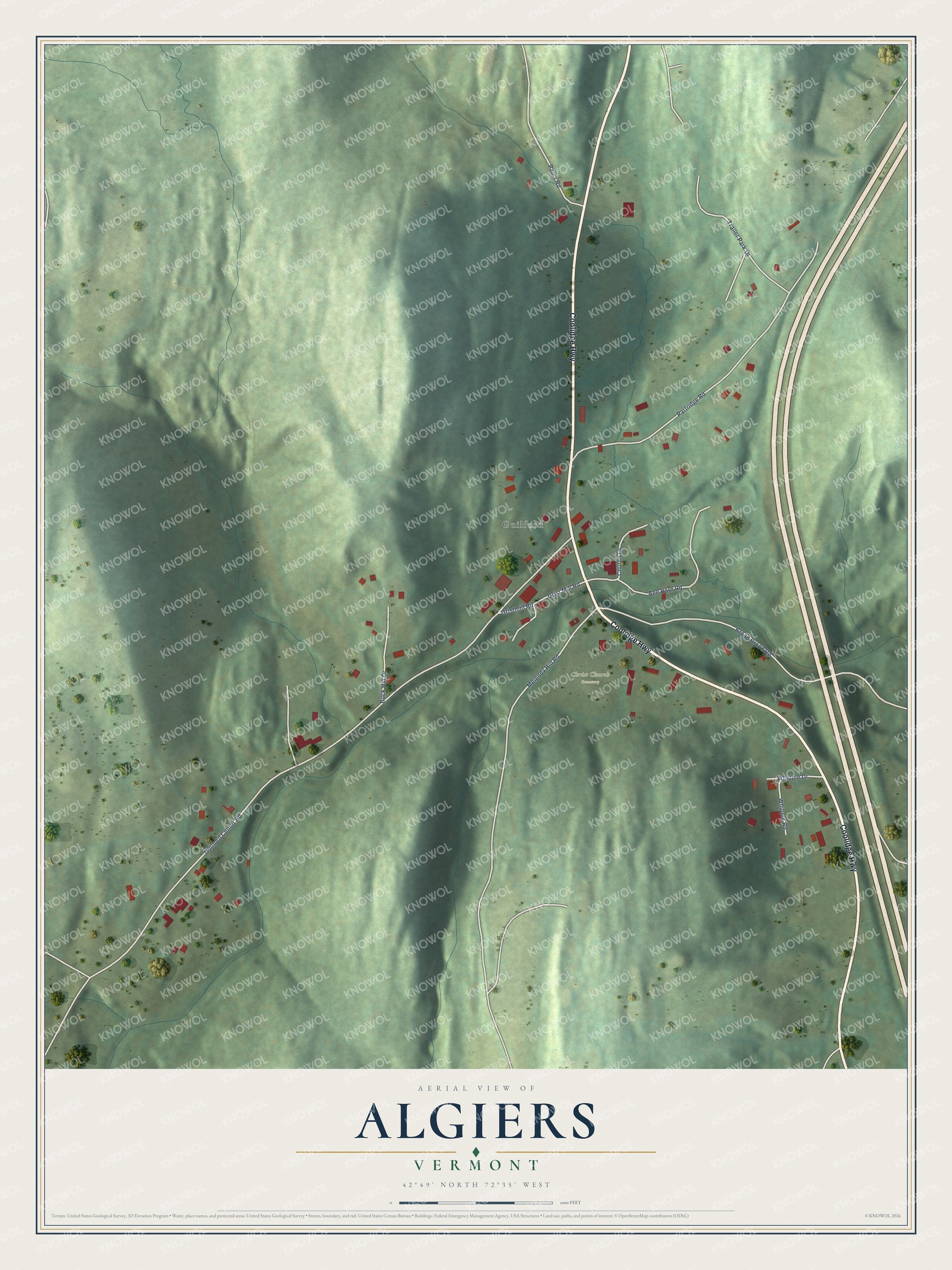 Full map of Algiers, Vermont, with red buildings, printed street names and the land around them