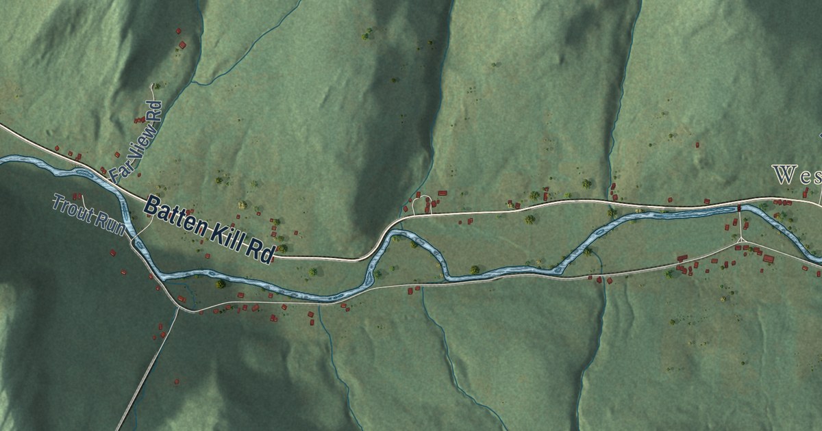 Close-up of streets and buildings in Arlington, Vermont