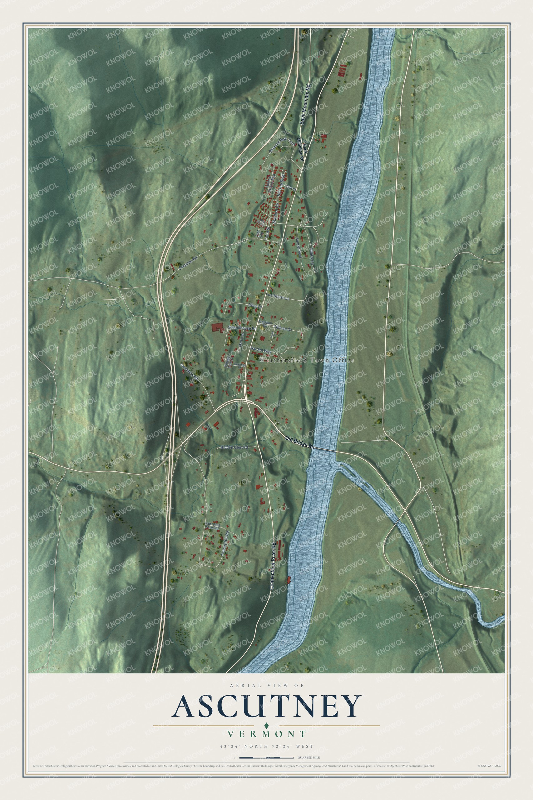 Full map of Ascutney, Vermont, with red buildings, printed street names and the land around them
