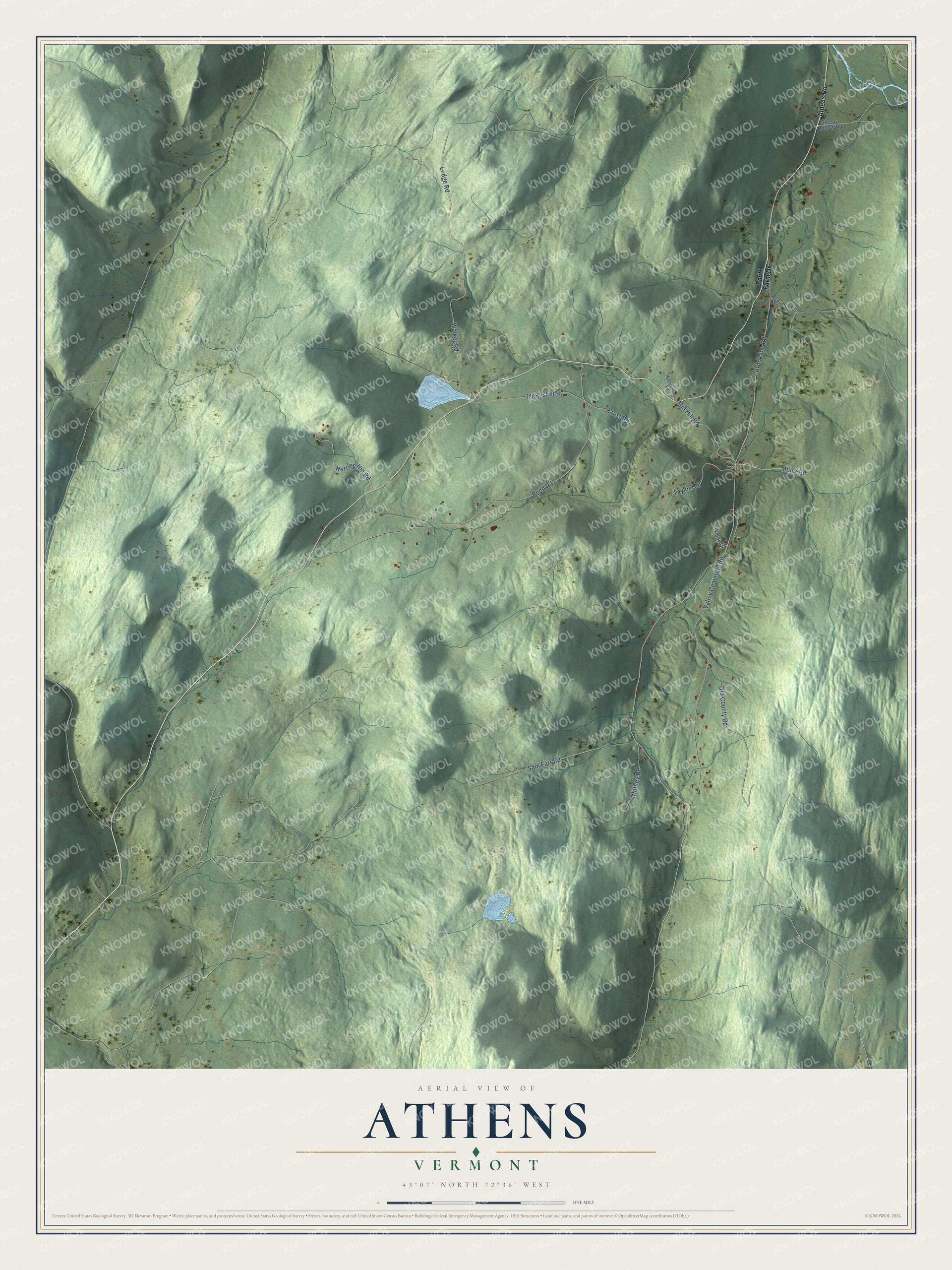 Map of Athens, Vermont, with Athens Pond and Brookline Road