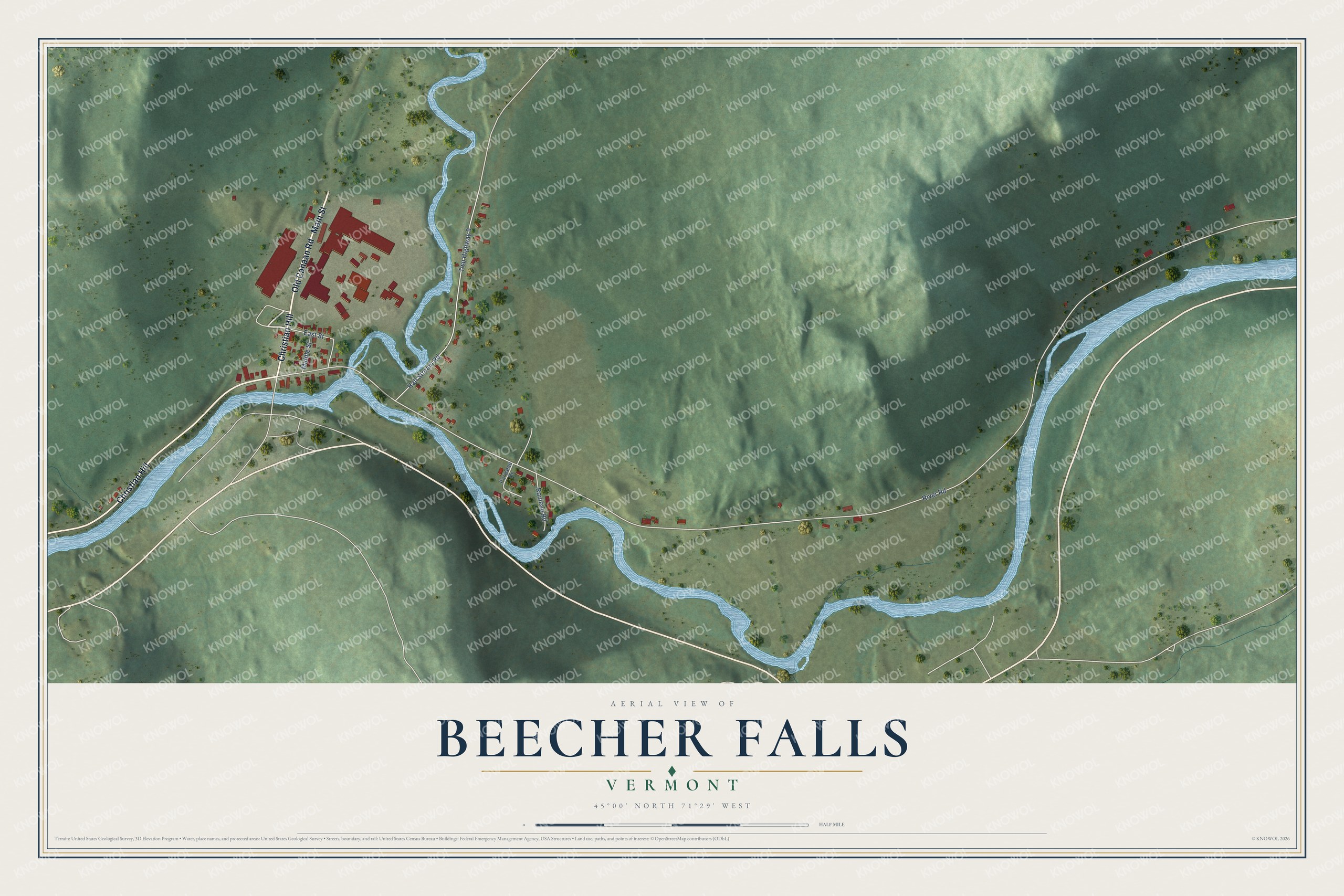 Full map of Beecher Falls, Vermont, with red buildings, printed street names and the land around them