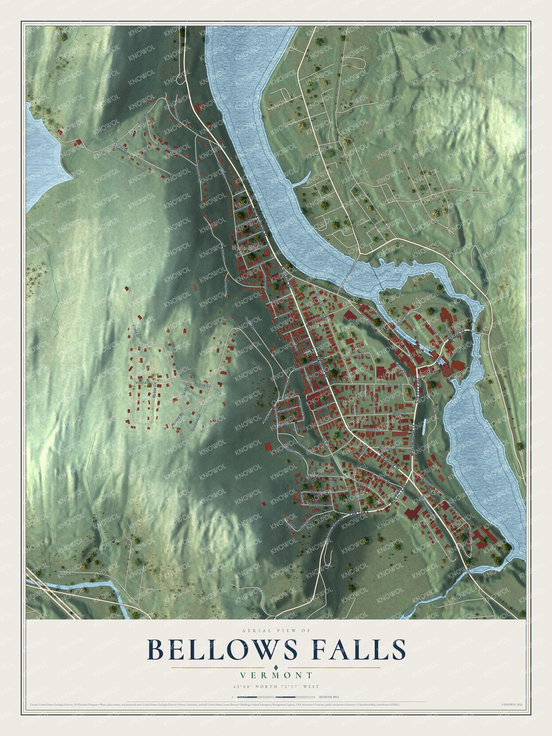 Map of Bellows Falls, Vermont, with Bridge Street, the Square and Westminster Street