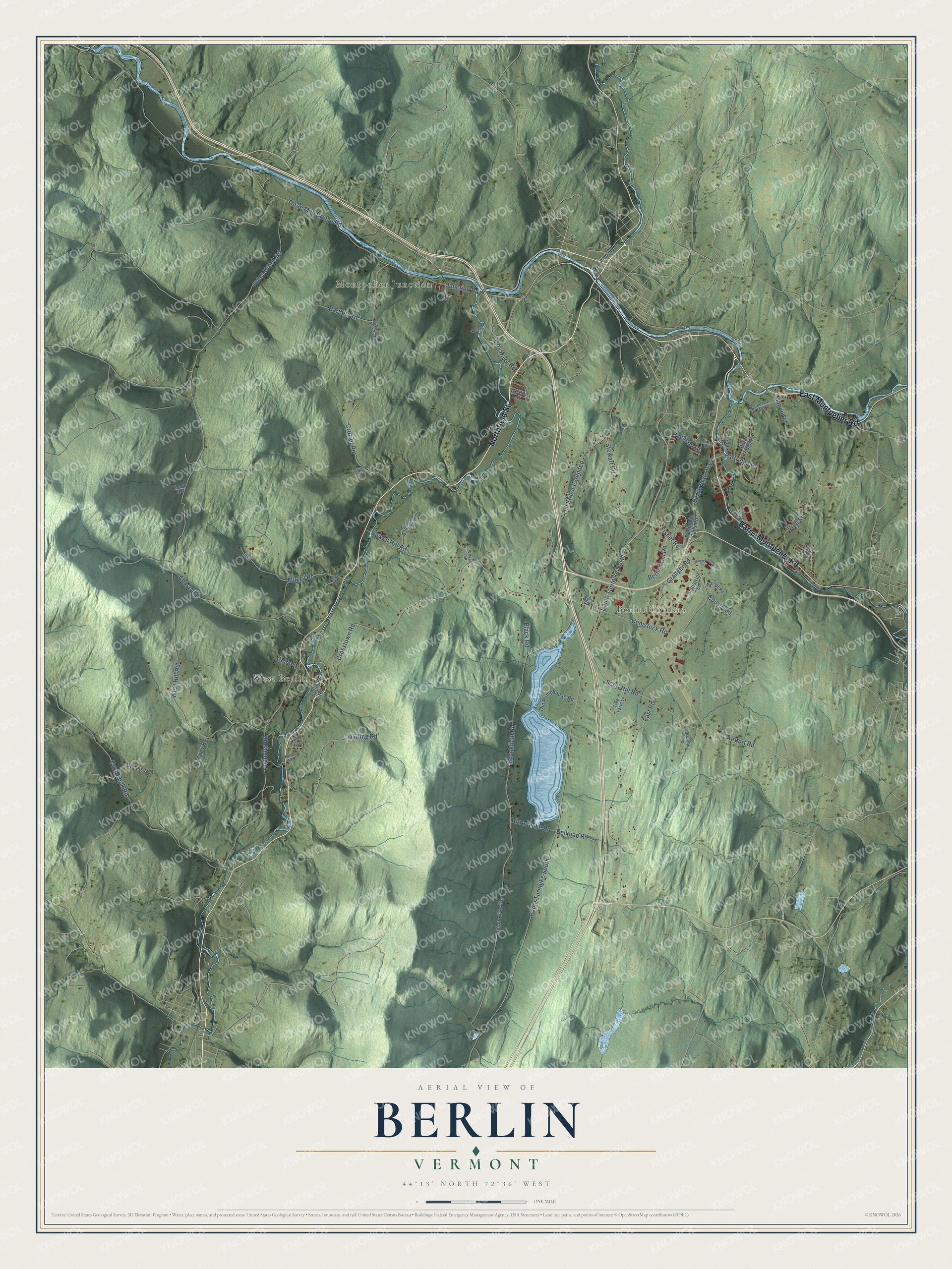 Map of Berlin, Vermont, with Berlin Pond and Montpelier Junction