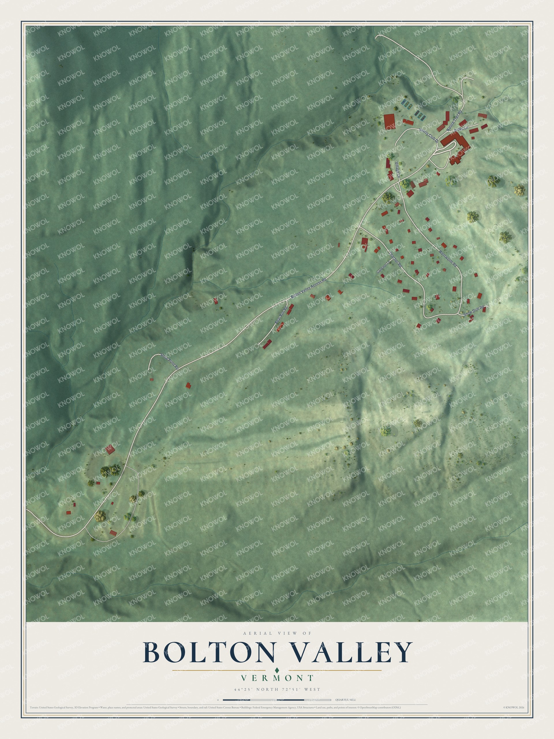Full map of Bolton Valley, Vermont, with red buildings, printed street names and the land around them