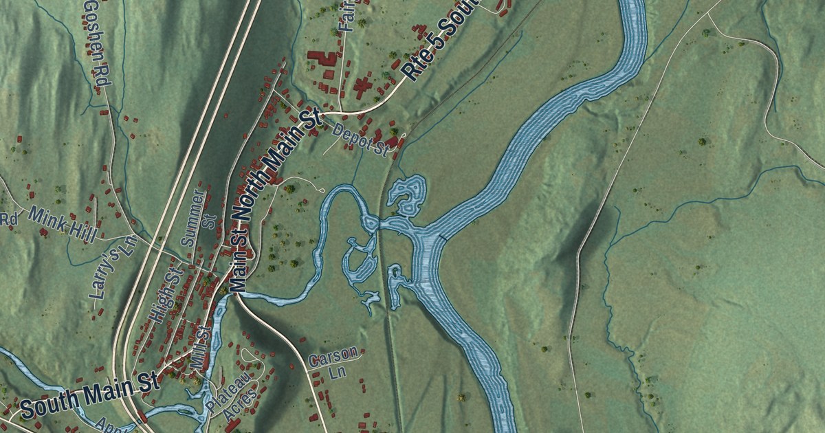 Close-up of streets and buildings in Bradford, Vermont