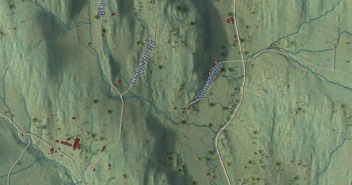 Close-up of streets and buildings in Braintree, Vermont