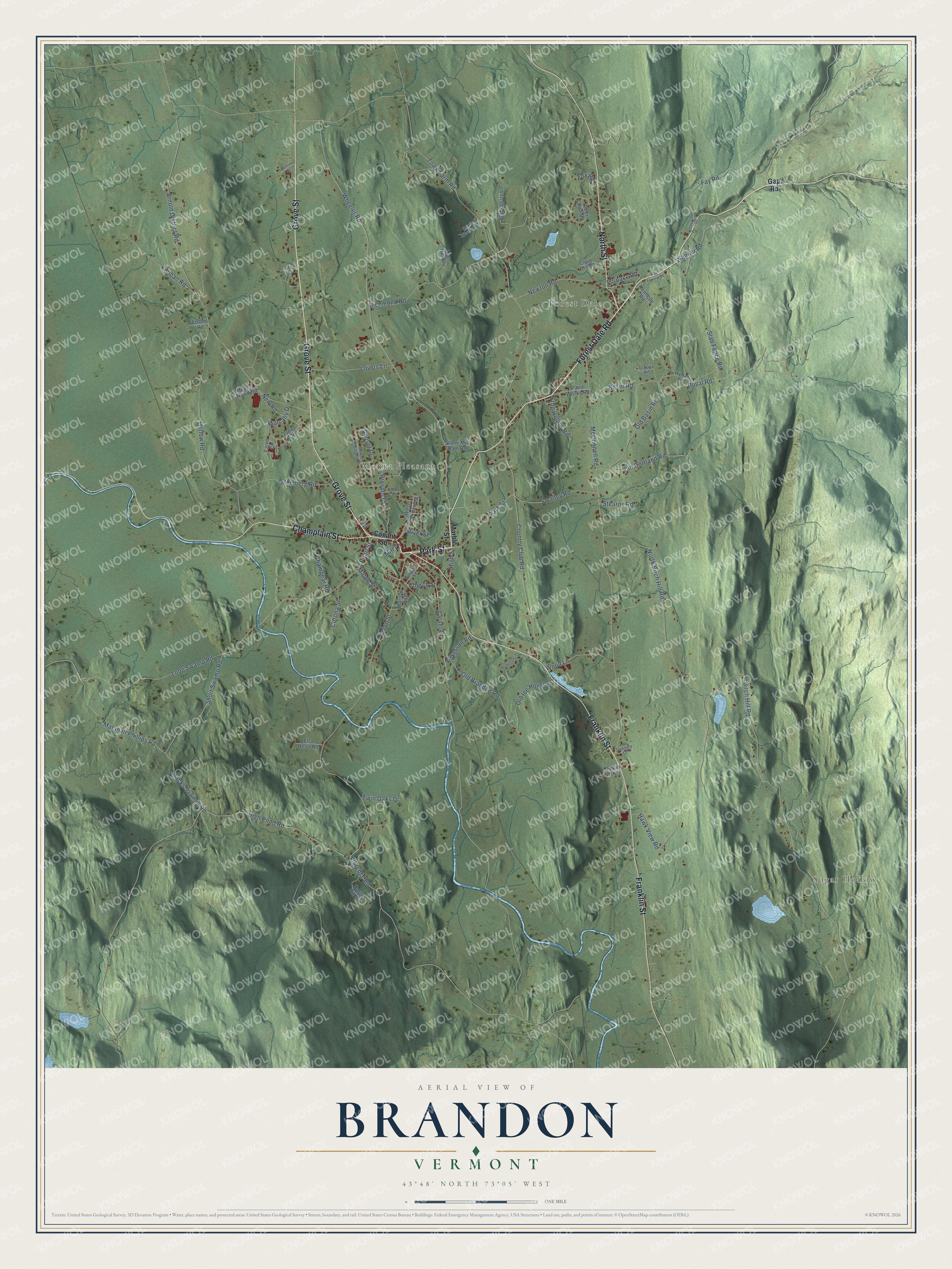 Map of Brandon, Vermont, from the village to Forest Dale
