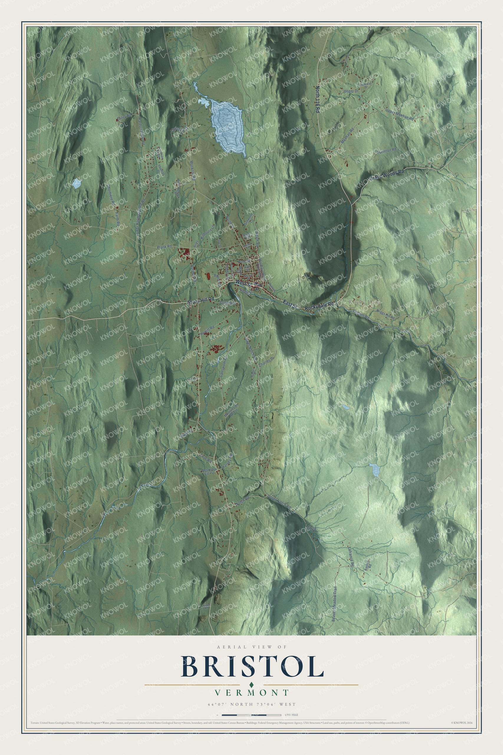 Map of Bristol, Vermont, with the New Haven River, Bristol Pond and Rocky Dale