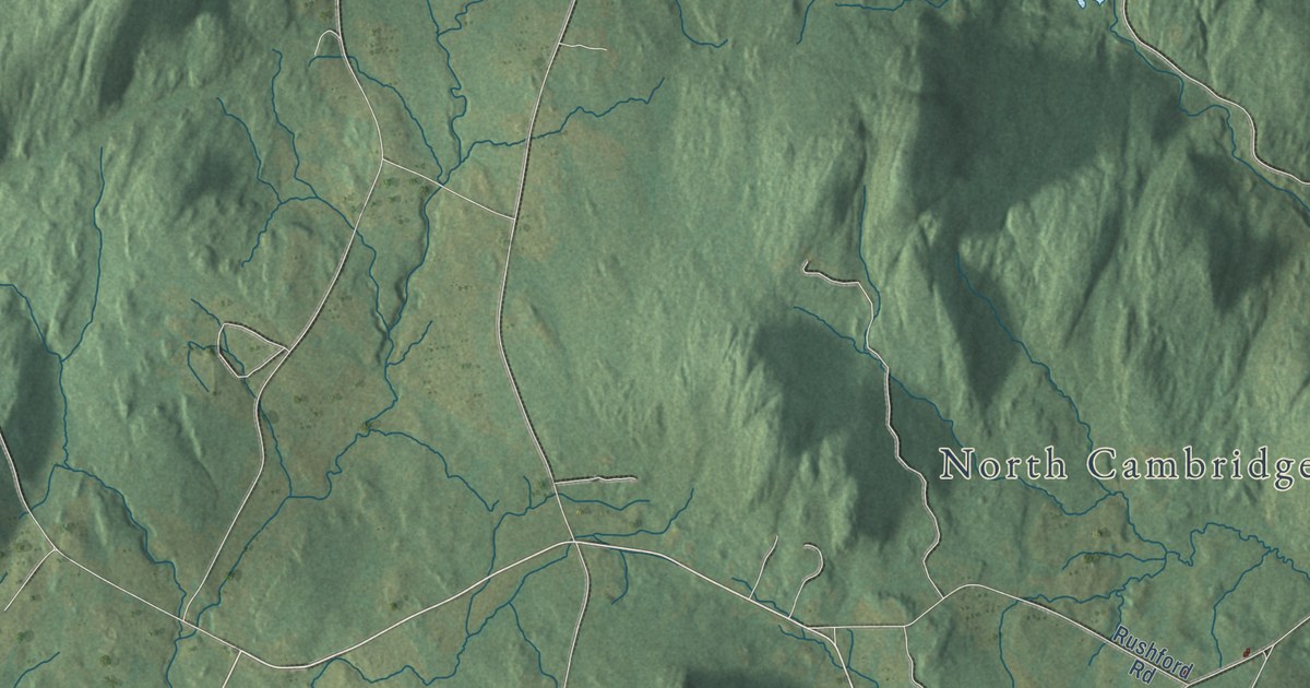 Close-up of streets and buildings in Cambridge, Vermont