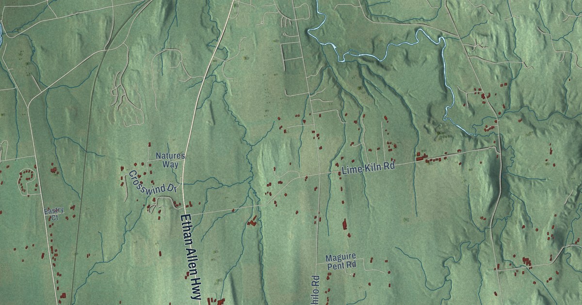 Close-up of streets and buildings in Charlotte, Vermont