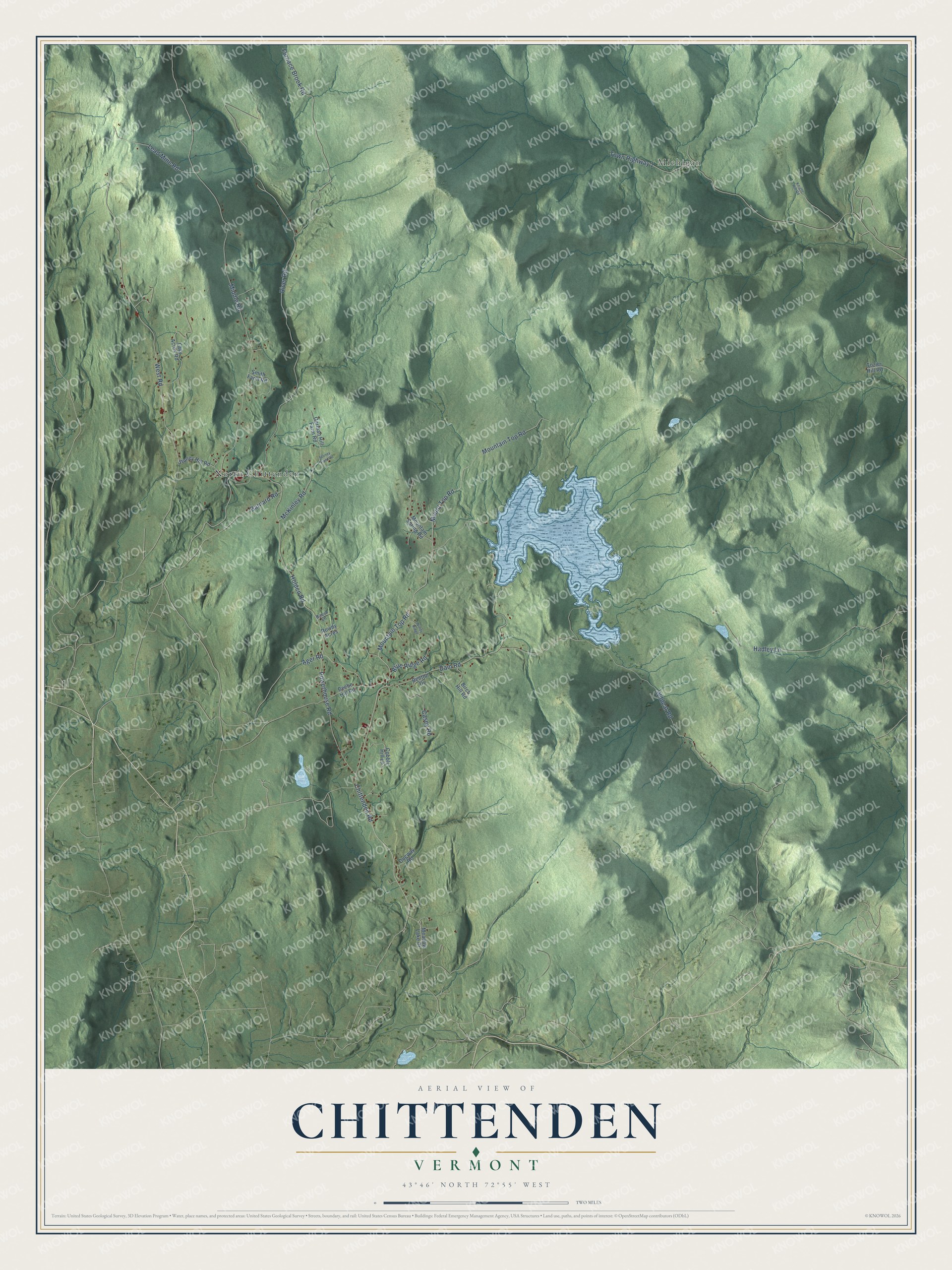 Map of Chittenden, Vermont, with the Chittenden Reservoir and the forested ridge of the Green Mountains