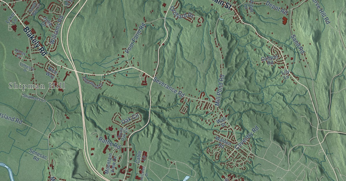 Close-up of streets and buildings in Colchester, Vermont