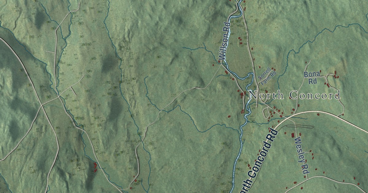 Close-up of streets and buildings in Concord, Vermont