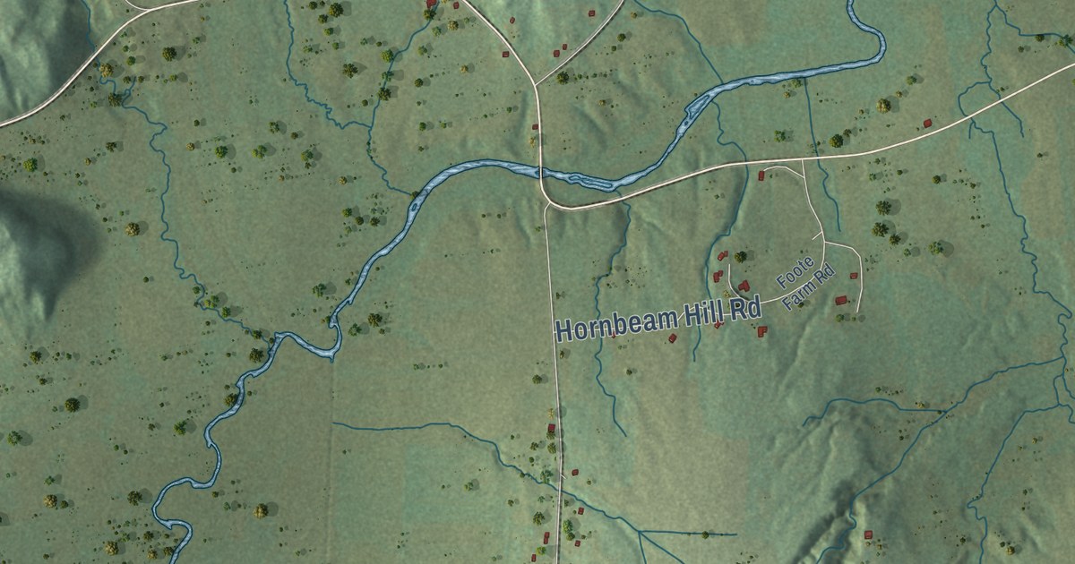 Close-up of streets and buildings in Cornwall, Vermont