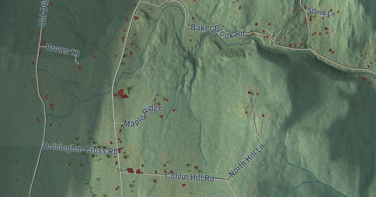Close-up of streets and buildings in Danby, Vermont