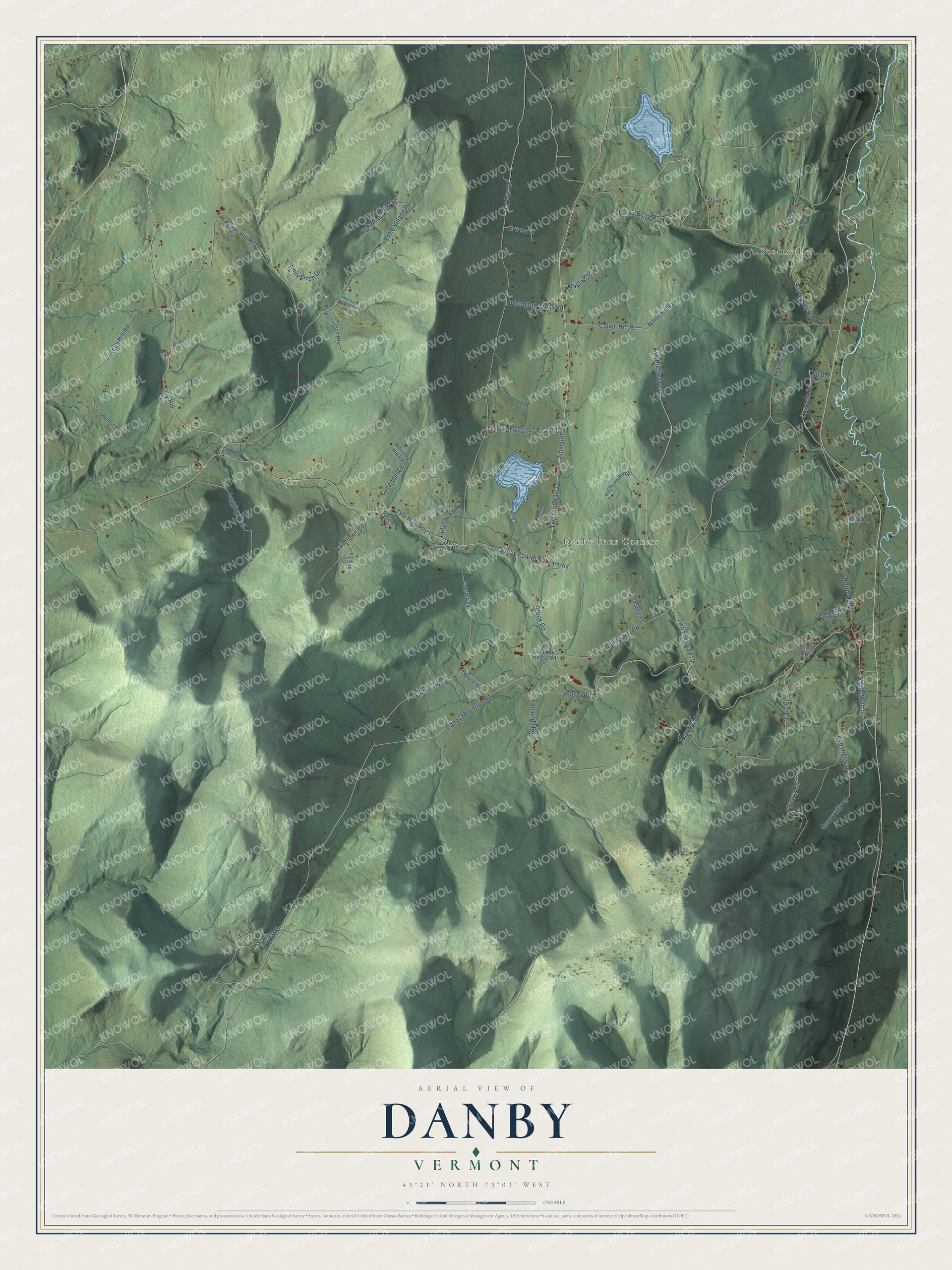 Map of Danby, Vermont, between the Taconic Mountains and Otter Creek