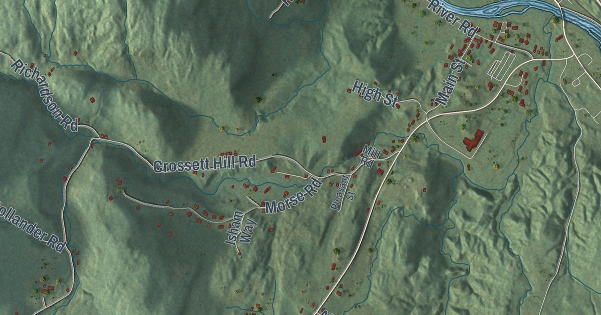 Close-up of streets and buildings in Duxbury, Vermont