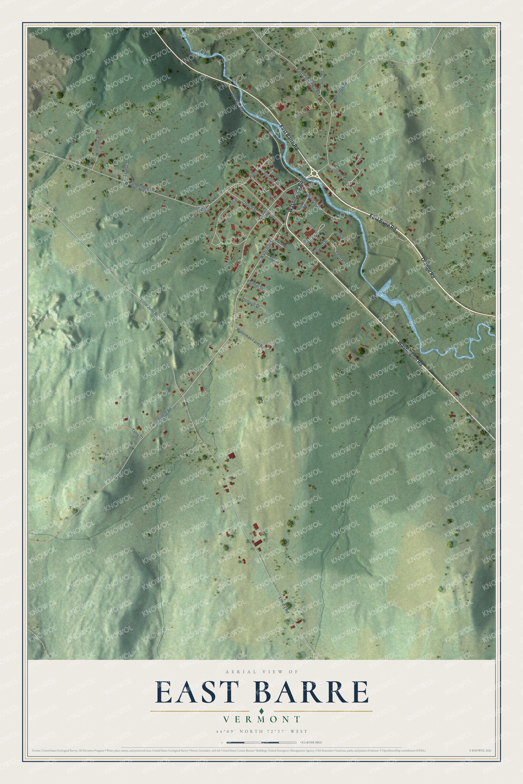 Full map of East Barre, Vermont, with red buildings, printed street names and the land around them