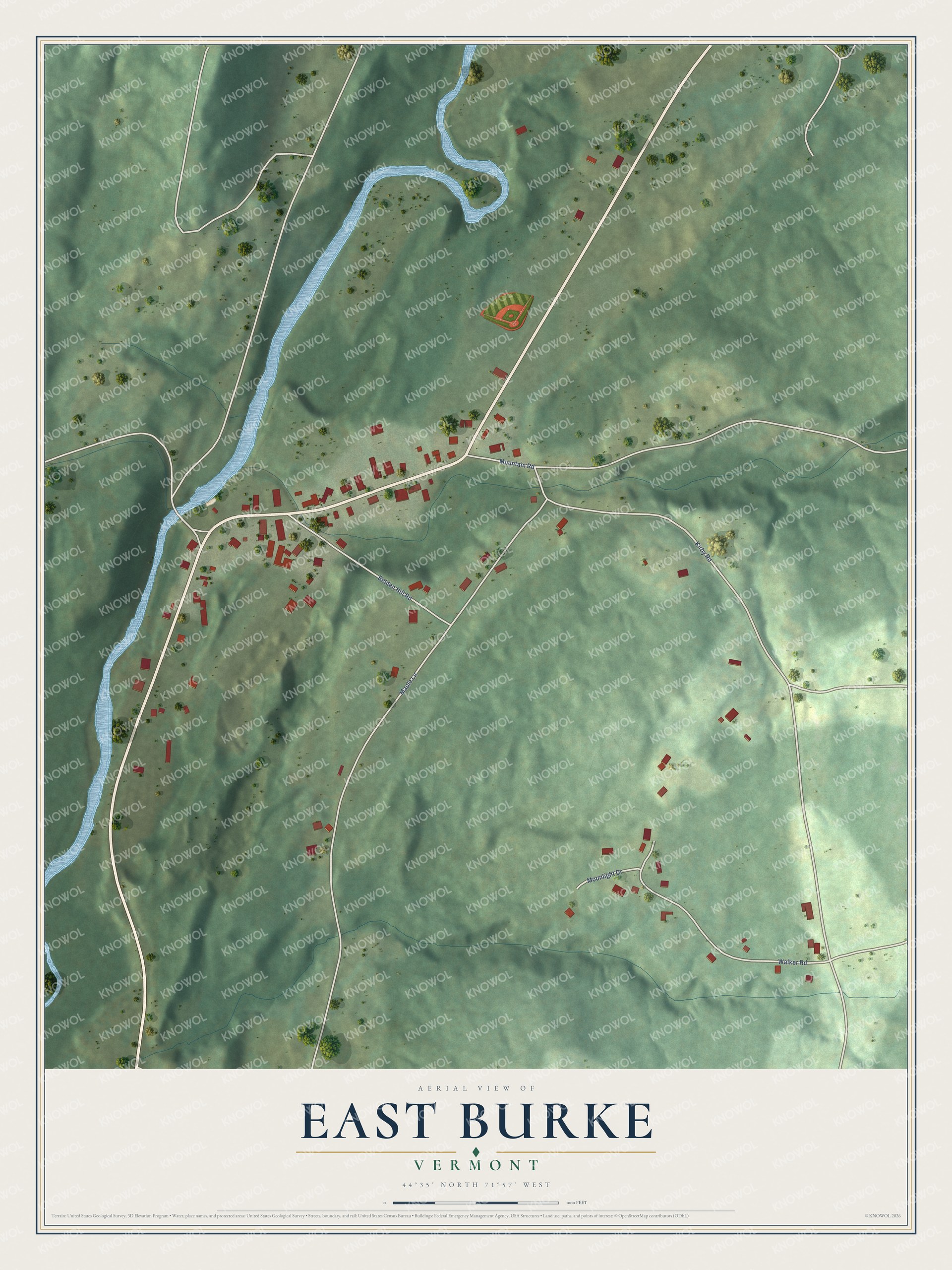 Full map of East Burke, Vermont, with red buildings, printed street names and the land around them