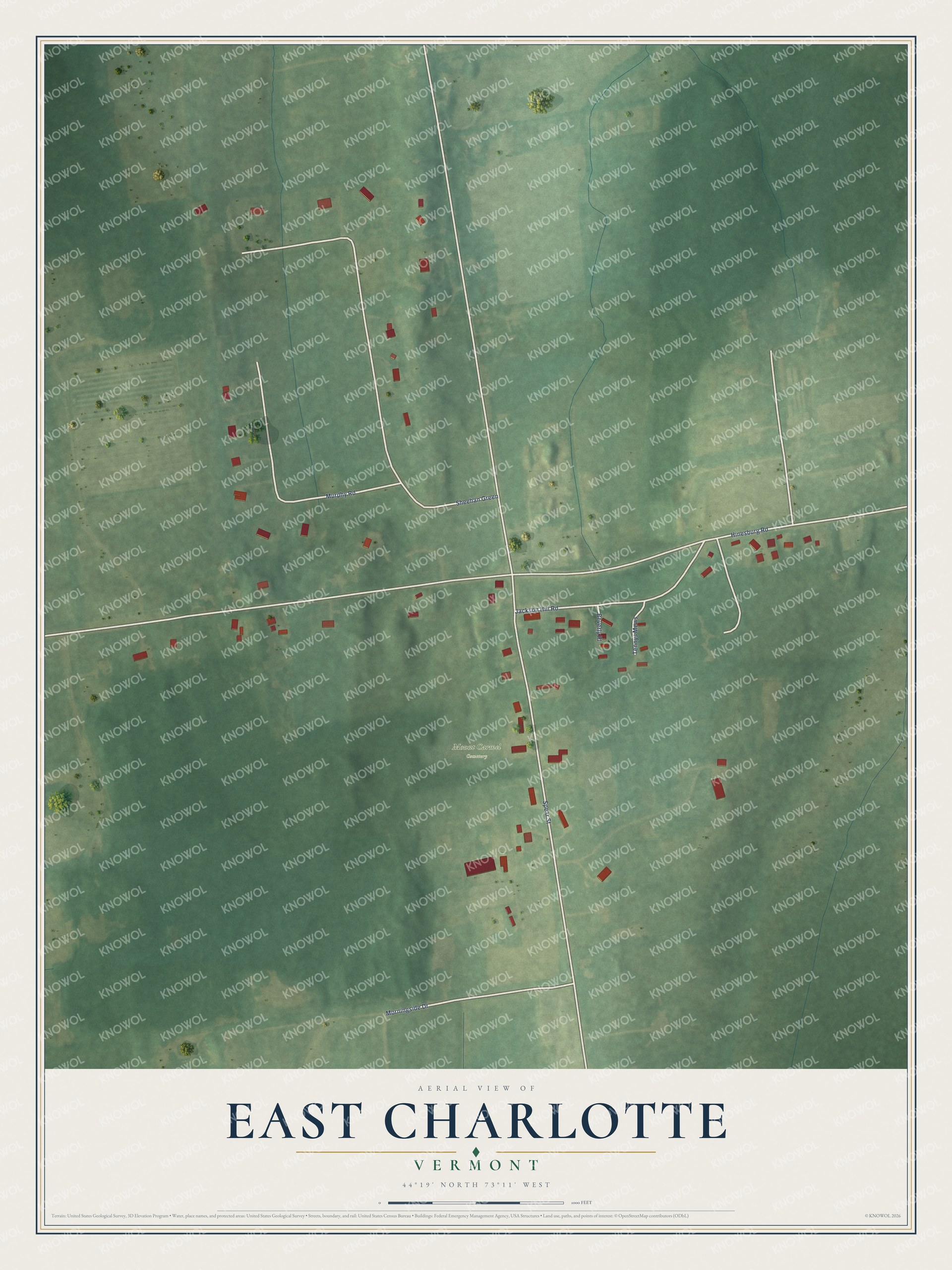 Full map of East Charlotte, Vermont, with red buildings, printed street names and the land around them