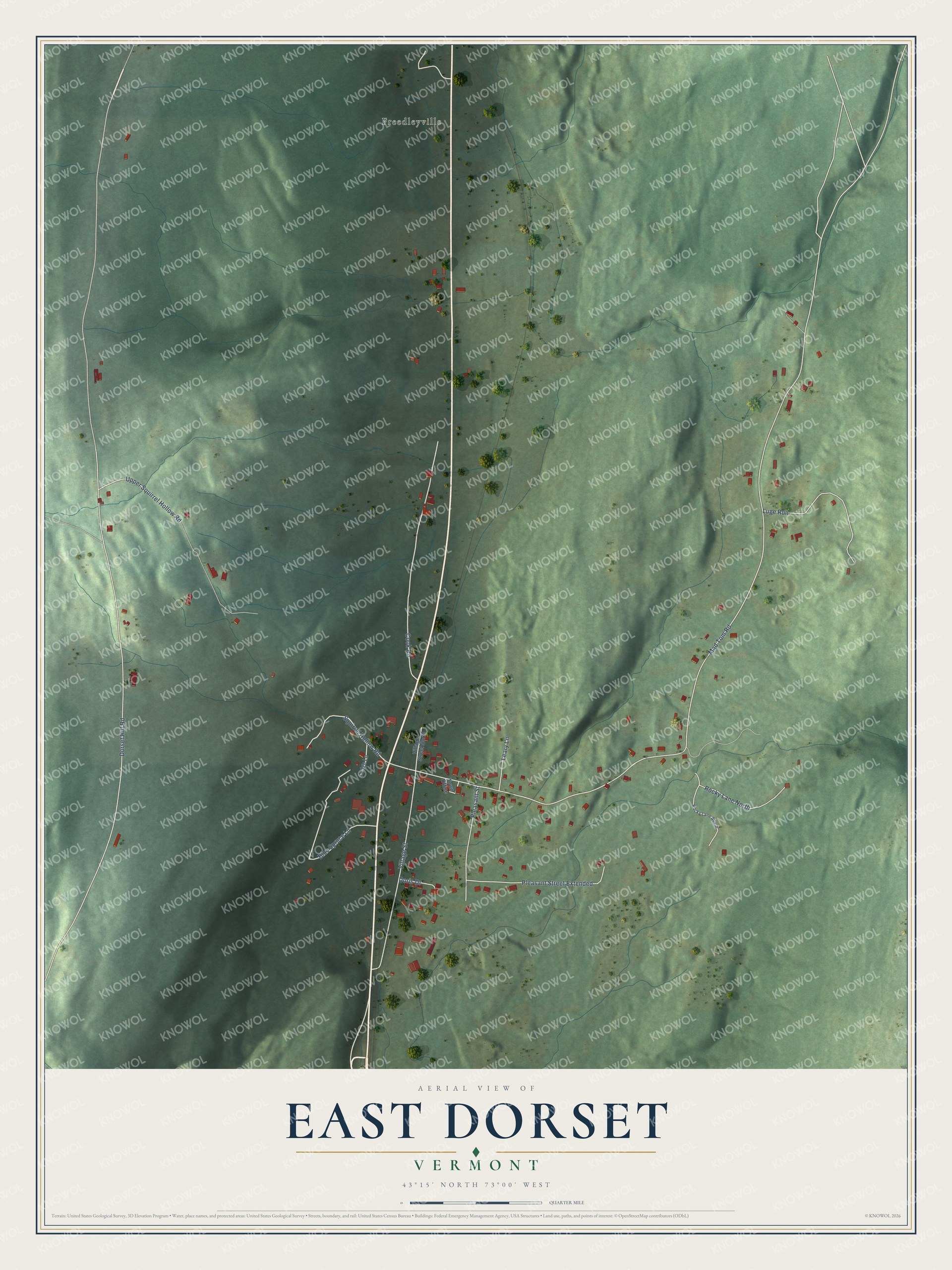 Full map of East Dorset, Vermont, with red buildings, printed street names and the land around them