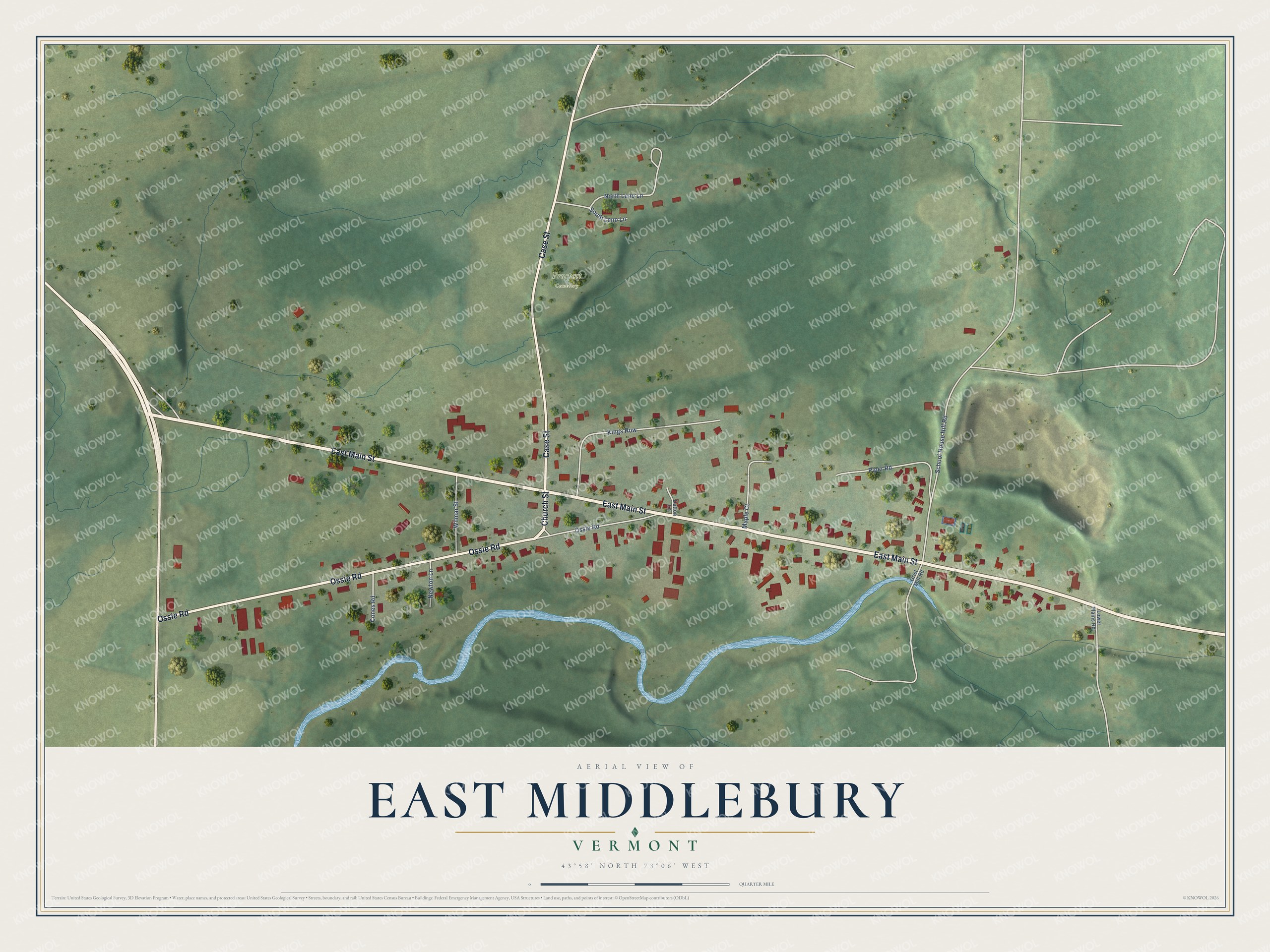 Full map of East Middlebury, Vermont, with red buildings, printed street names and the land around them