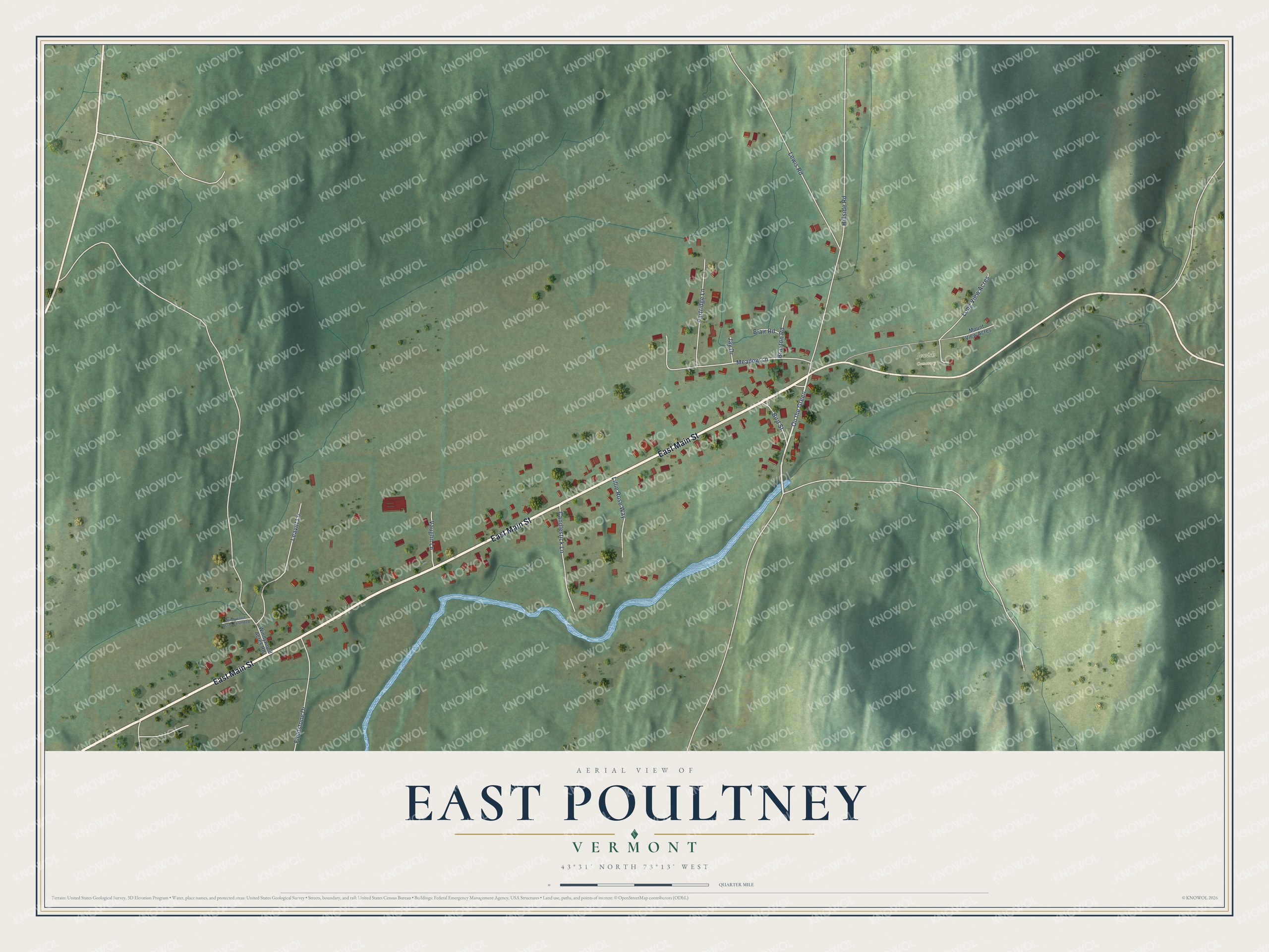 Full map of East Poultney, Vermont, with red buildings, printed street names and the land around them