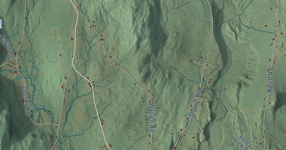 Close-up of streets and buildings in Eden, Vermont