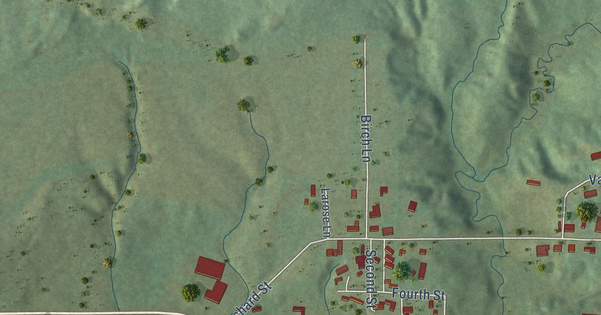 Close-up of streets and buildings in Enosburg Falls, Vermont