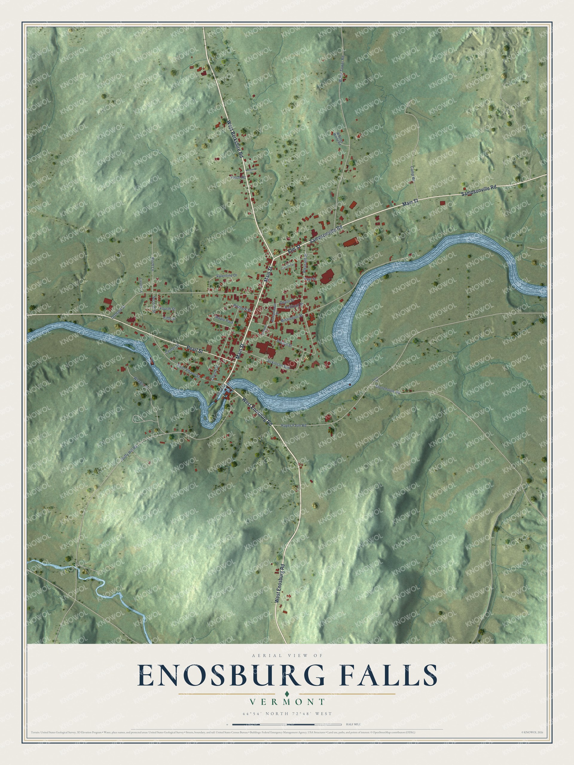 Map of Enosburg Falls, Vermont, the village on the falls of the Missisquoi River