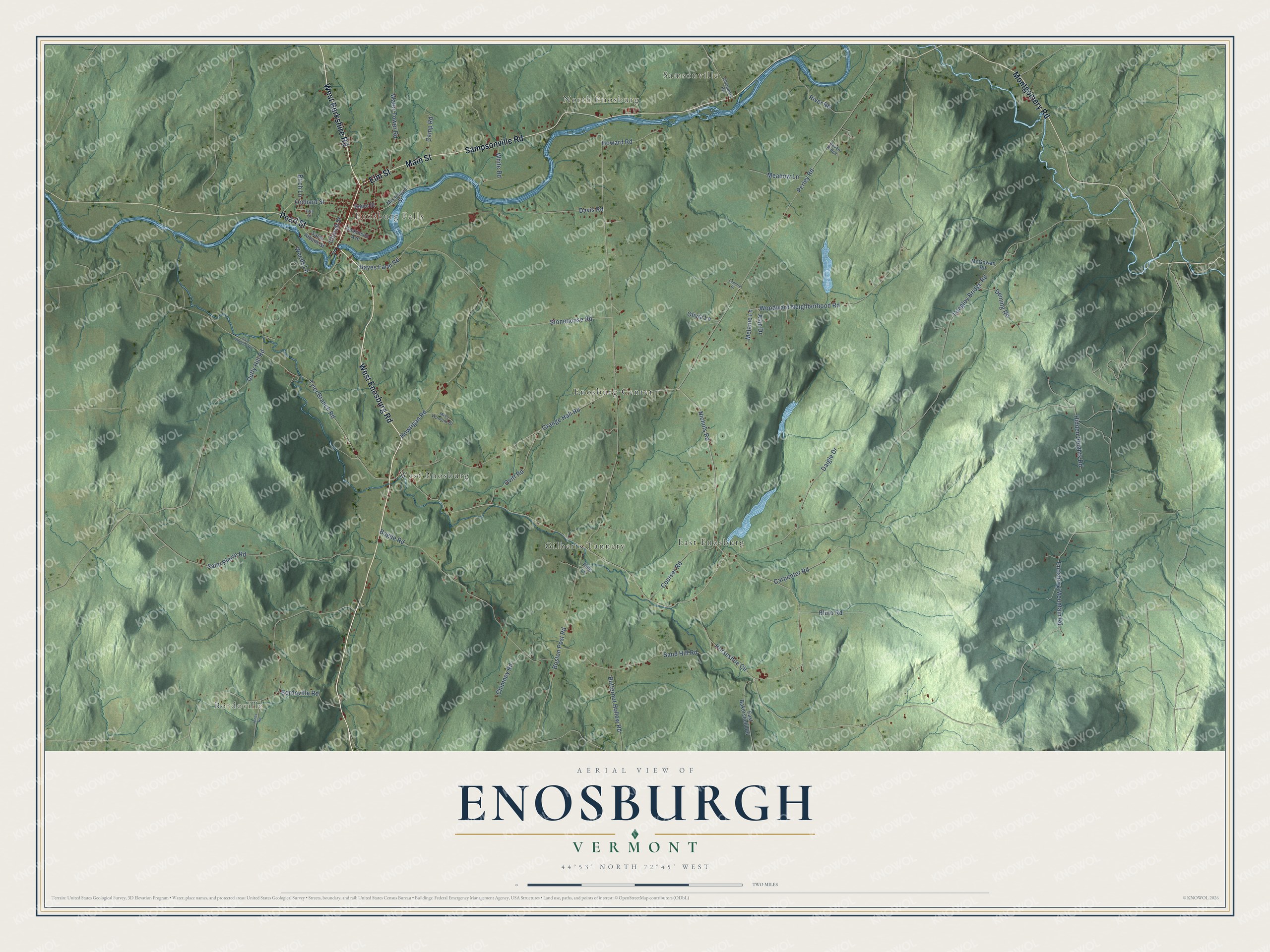 Map of Enosburgh, Vermont, the Franklin County town around the Missisquoi River