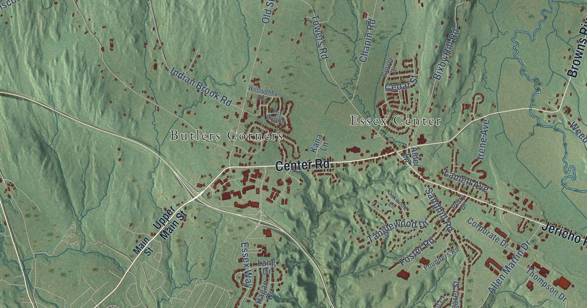 Close-up of streets and buildings in Essex, Vermont