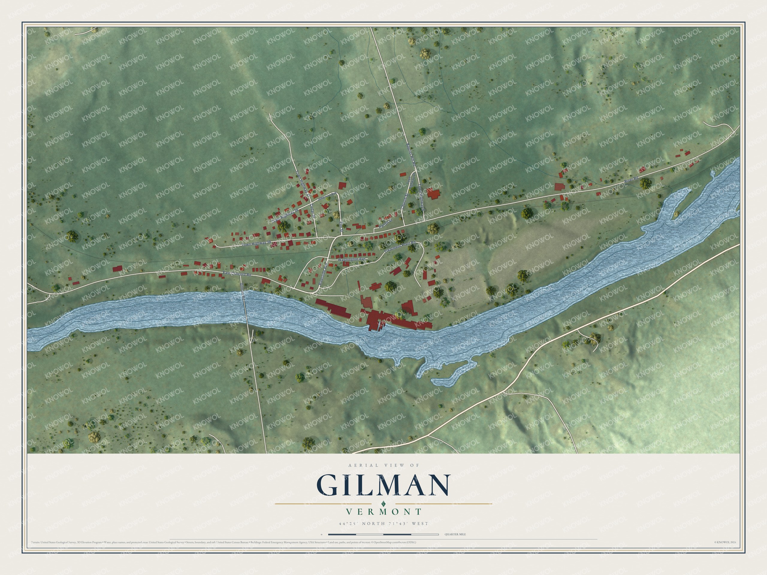 Full map of Gilman, Vermont, with red buildings, printed street names and the land around them