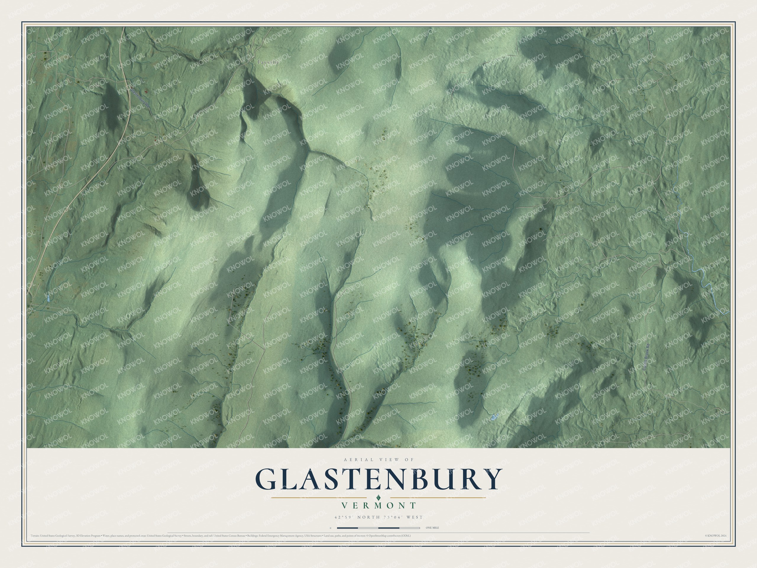 Map of Glastenbury, Vermont, with Fayville, Lost Pond and the Green Mountain ridge
