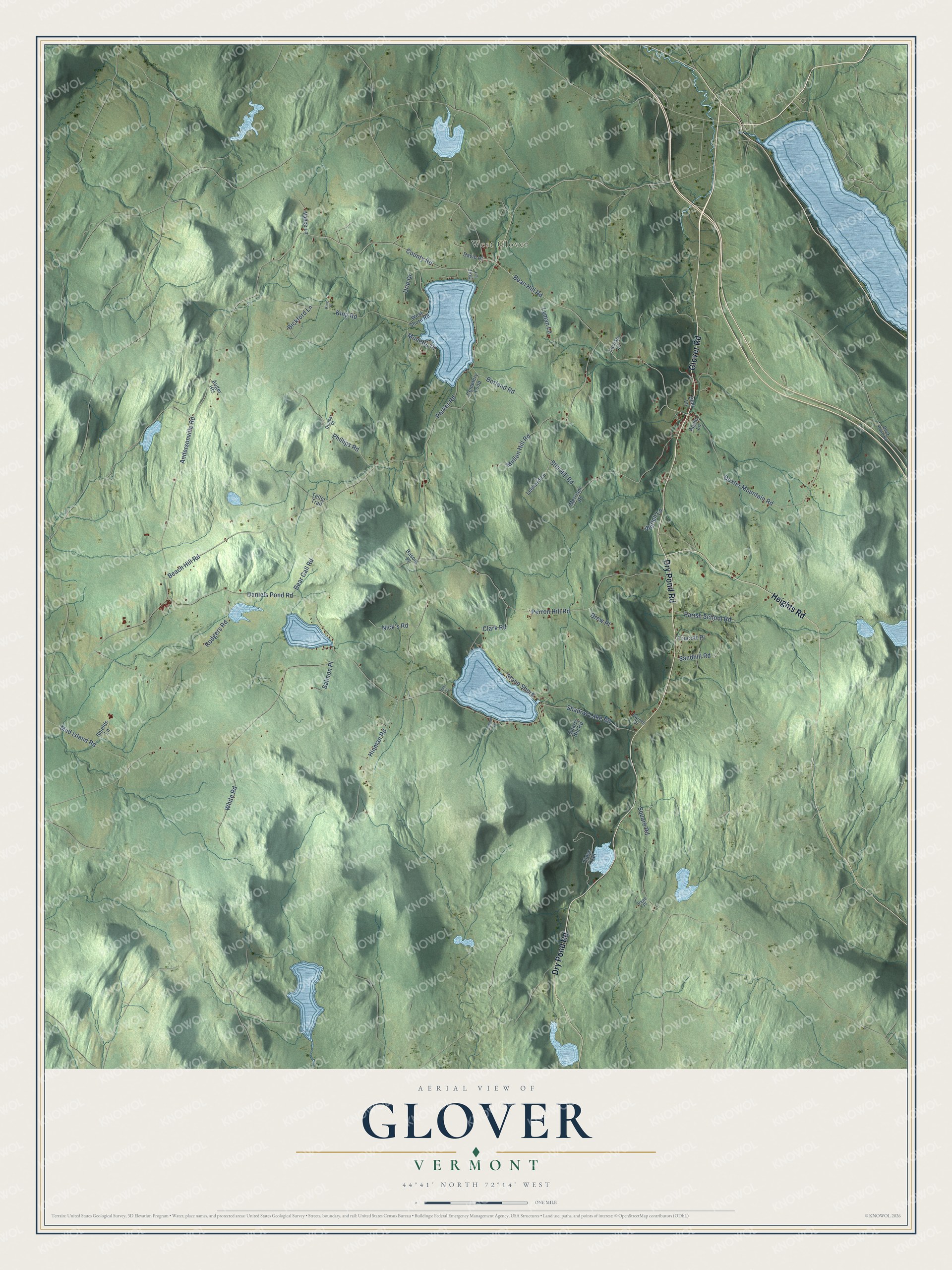 Map of Glover, Vermont, with West Glover, Lake Parker and Shadow Lake