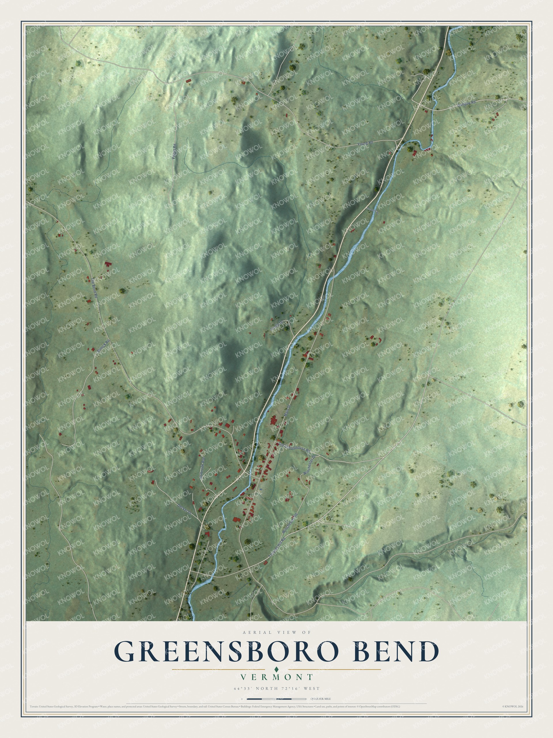 Full map of Greensboro Bend, Vermont, with red buildings, printed street names and the land around them