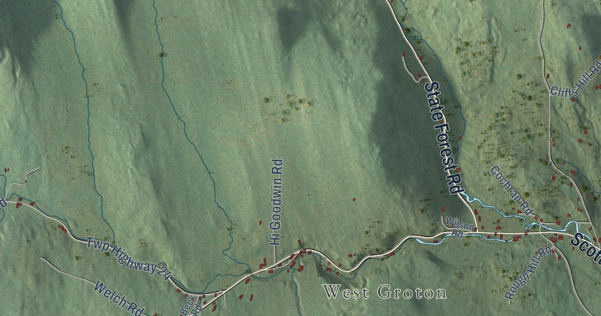 Close-up of streets and buildings in Groton, Vermont