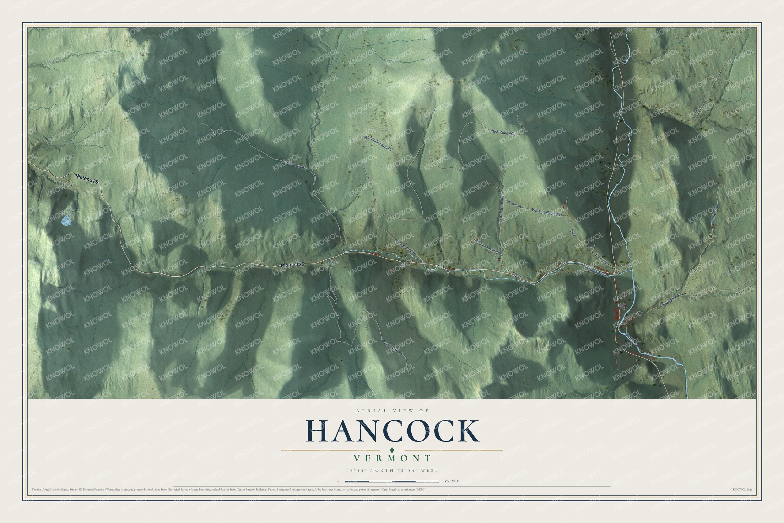 Map of Hancock, Vermont, with Texas Falls Road, Churchville Road and the White River valley