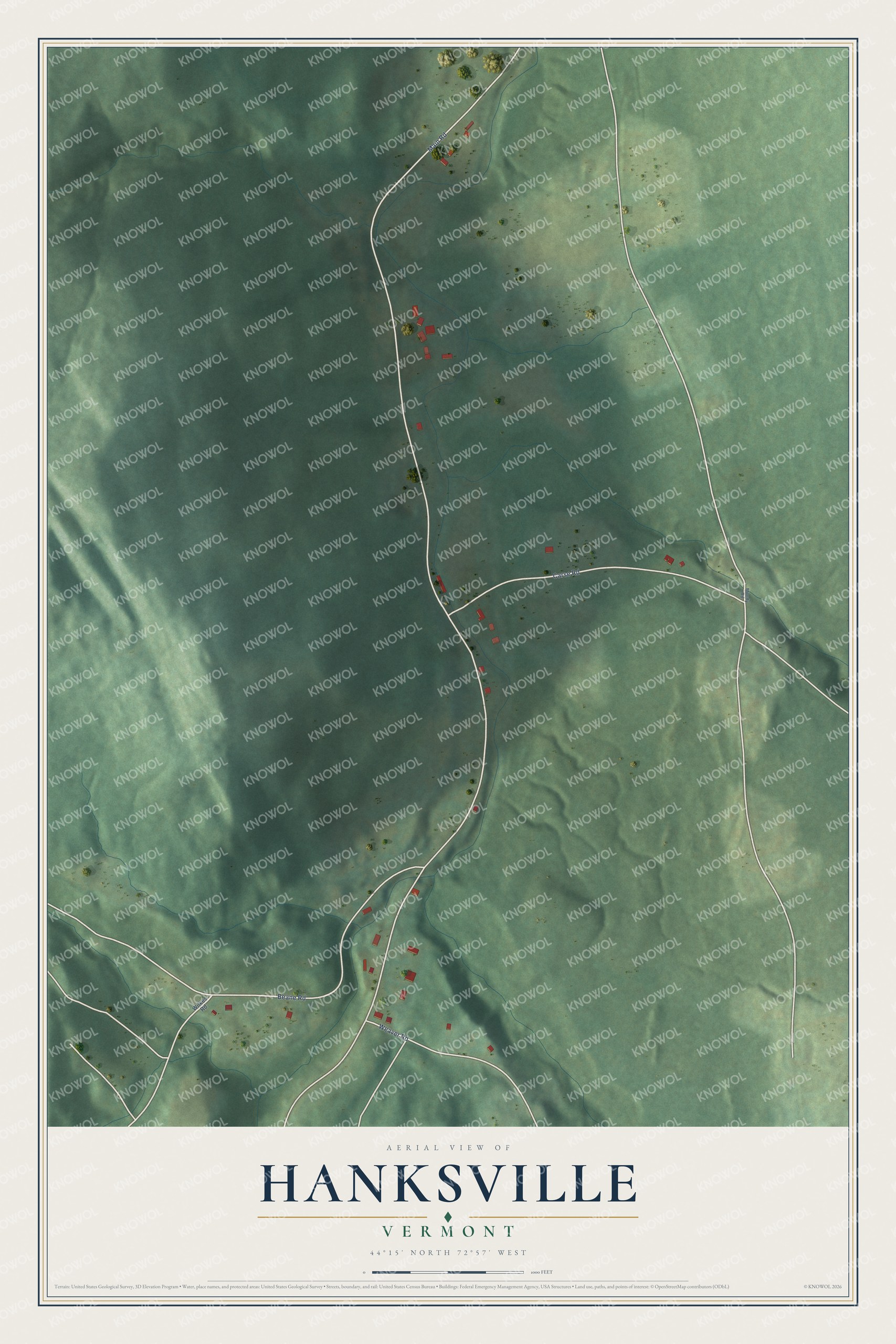 Full map of Hanksville, Vermont, with red buildings, printed street names and the land around them