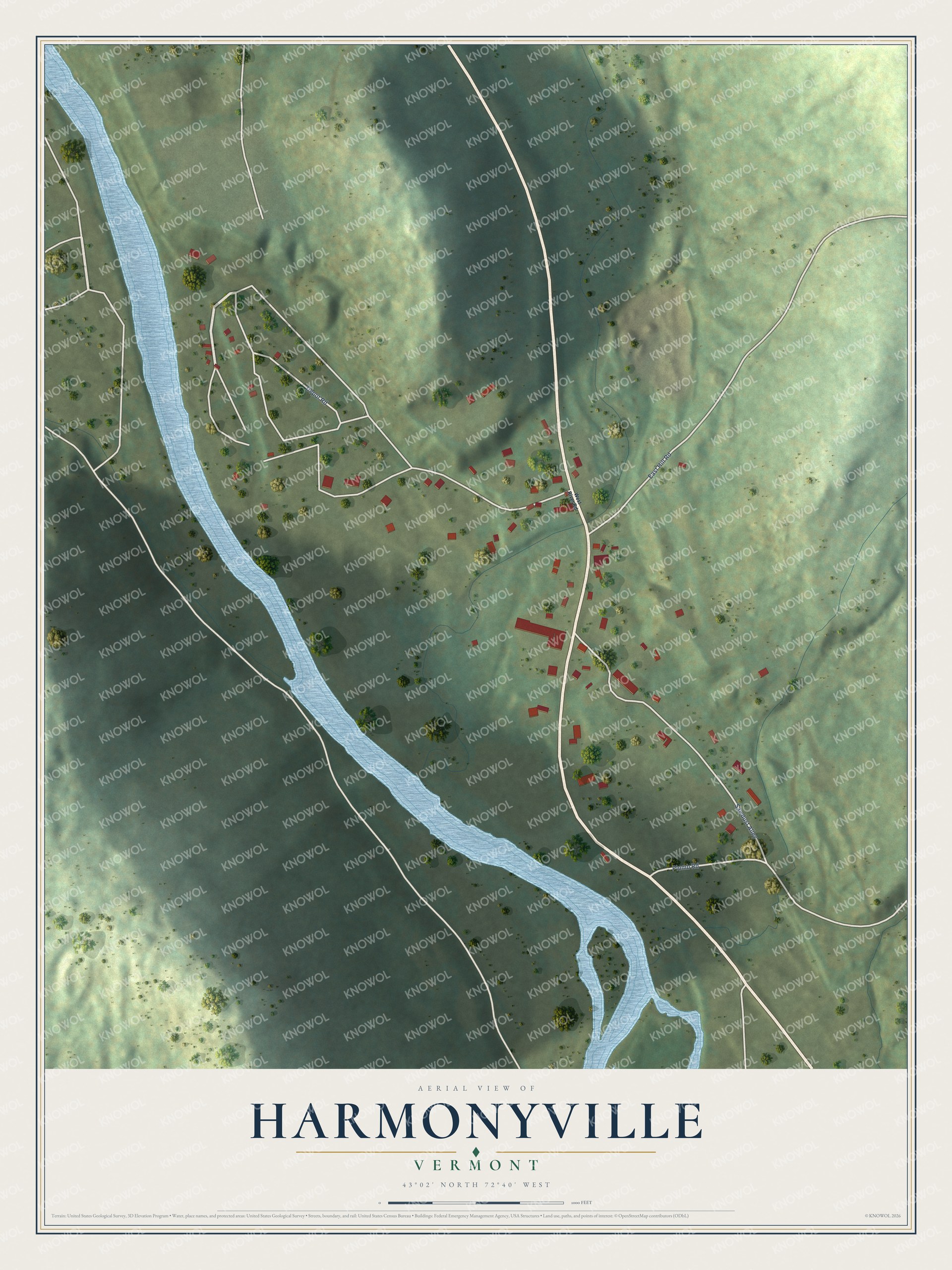 Full map of Harmonyville, Vermont, with red buildings, printed street names and the land around them
